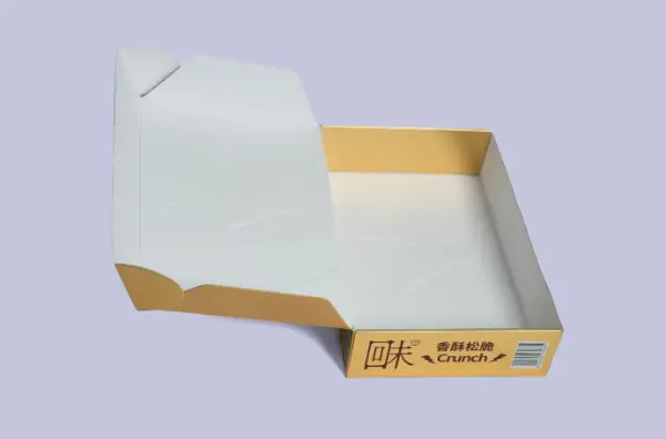 Mid-range view of an open food-grade cake roll corrugated mailer box with embossed UV printing, showing the interior