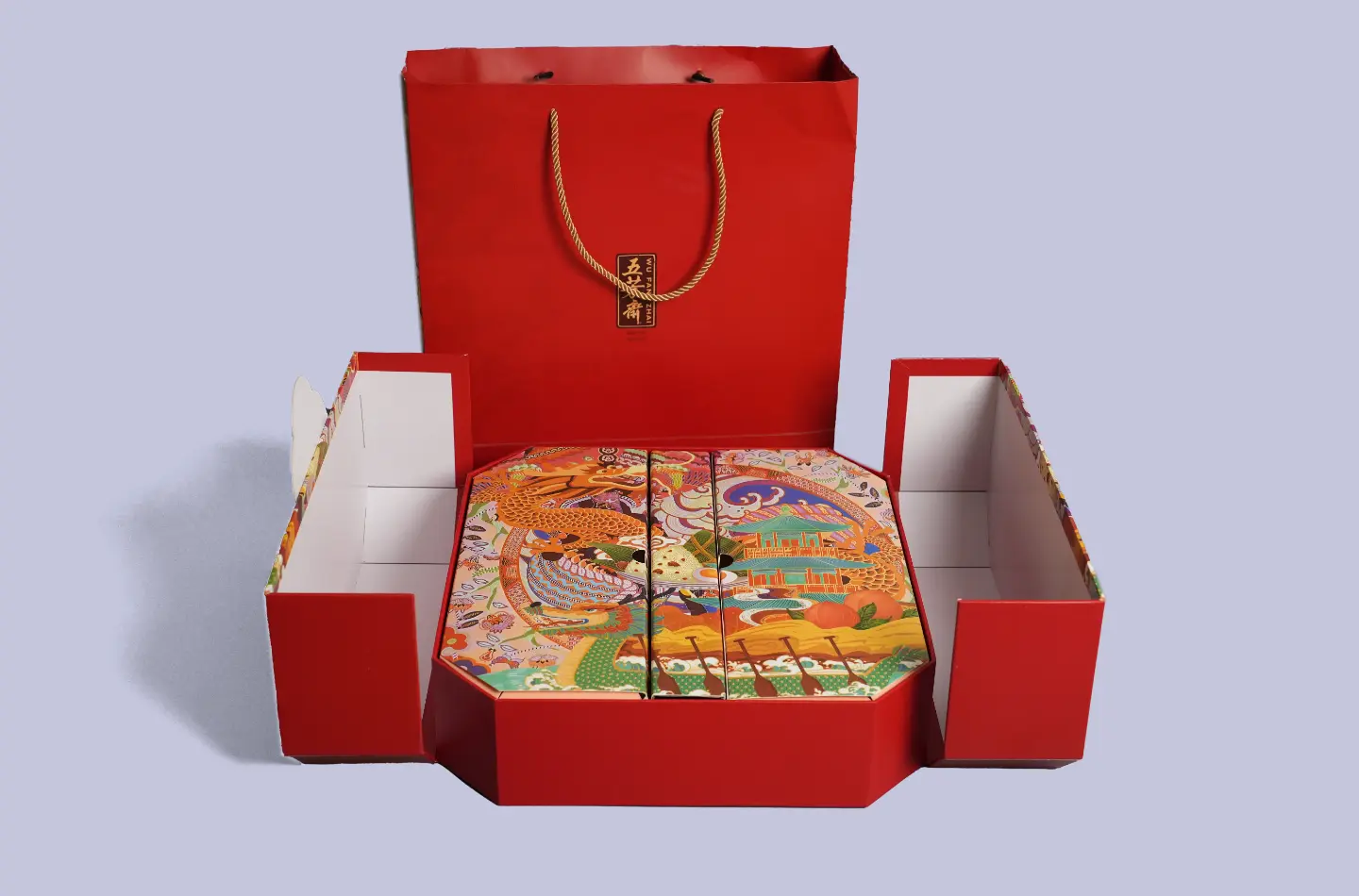 Customized magnetic closure rigid gift box paired with gift bag, displayed open highlighting magnetic flap