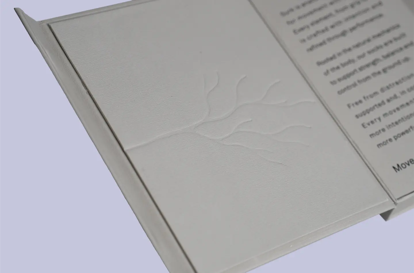 Custom magnetic flip lid box for clothing industry with hook and embossed finish, lid opened highlighting debossed surface details