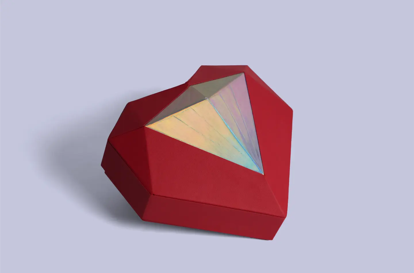 Custom red heart-shaped telescopic box featuring silver holographic finish, displayed from the front