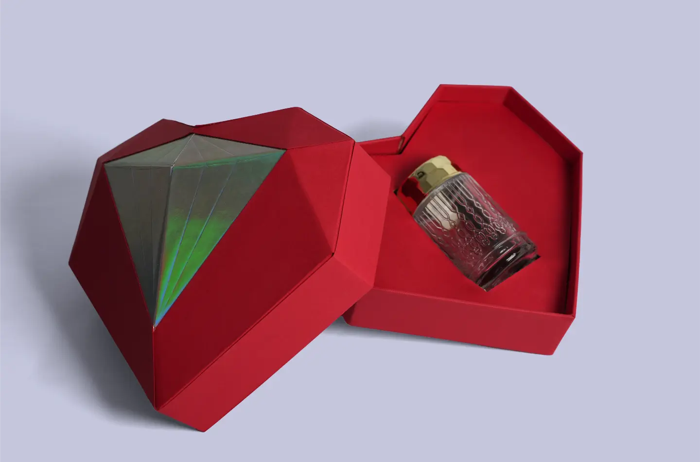 Custom red heart-shaped telescopic box displayed open, revealing internal layout and compartments