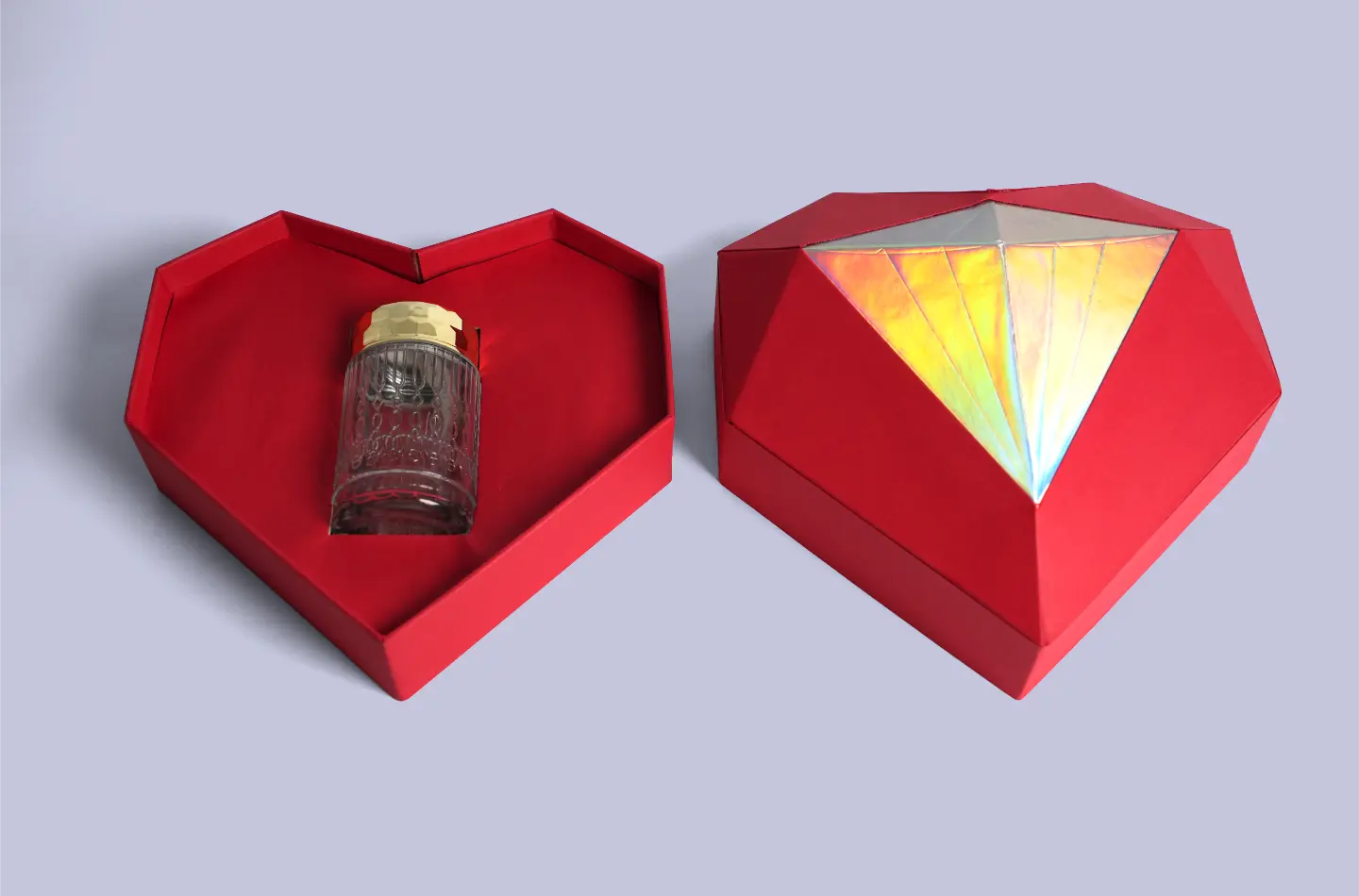 Top-view front display of an opened red heart-shaped telescopic box for packaging