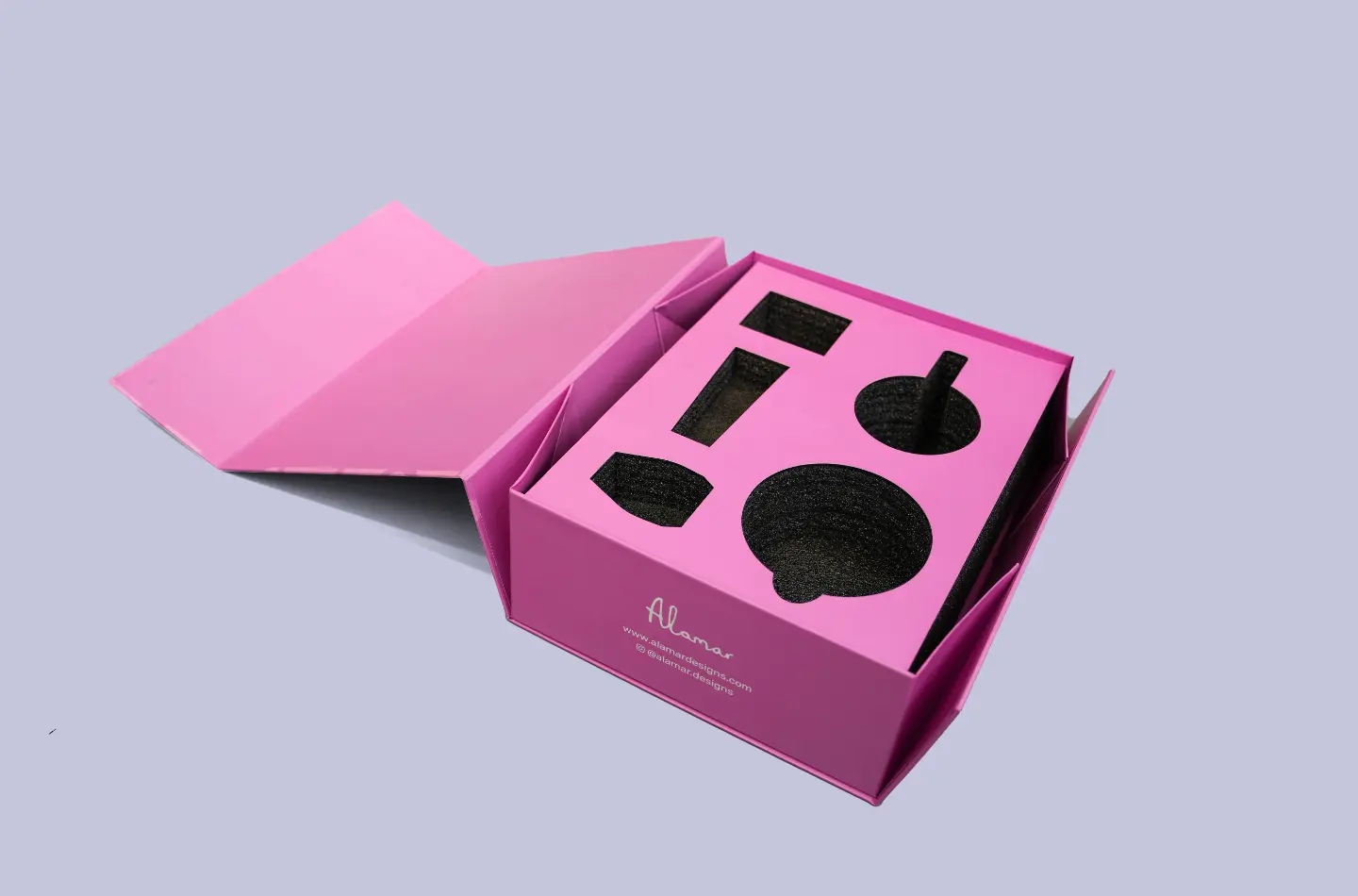 High-end custom tea folding flip lid box featuring raised UV heart printing, opened to reveal dual-layer foam interior