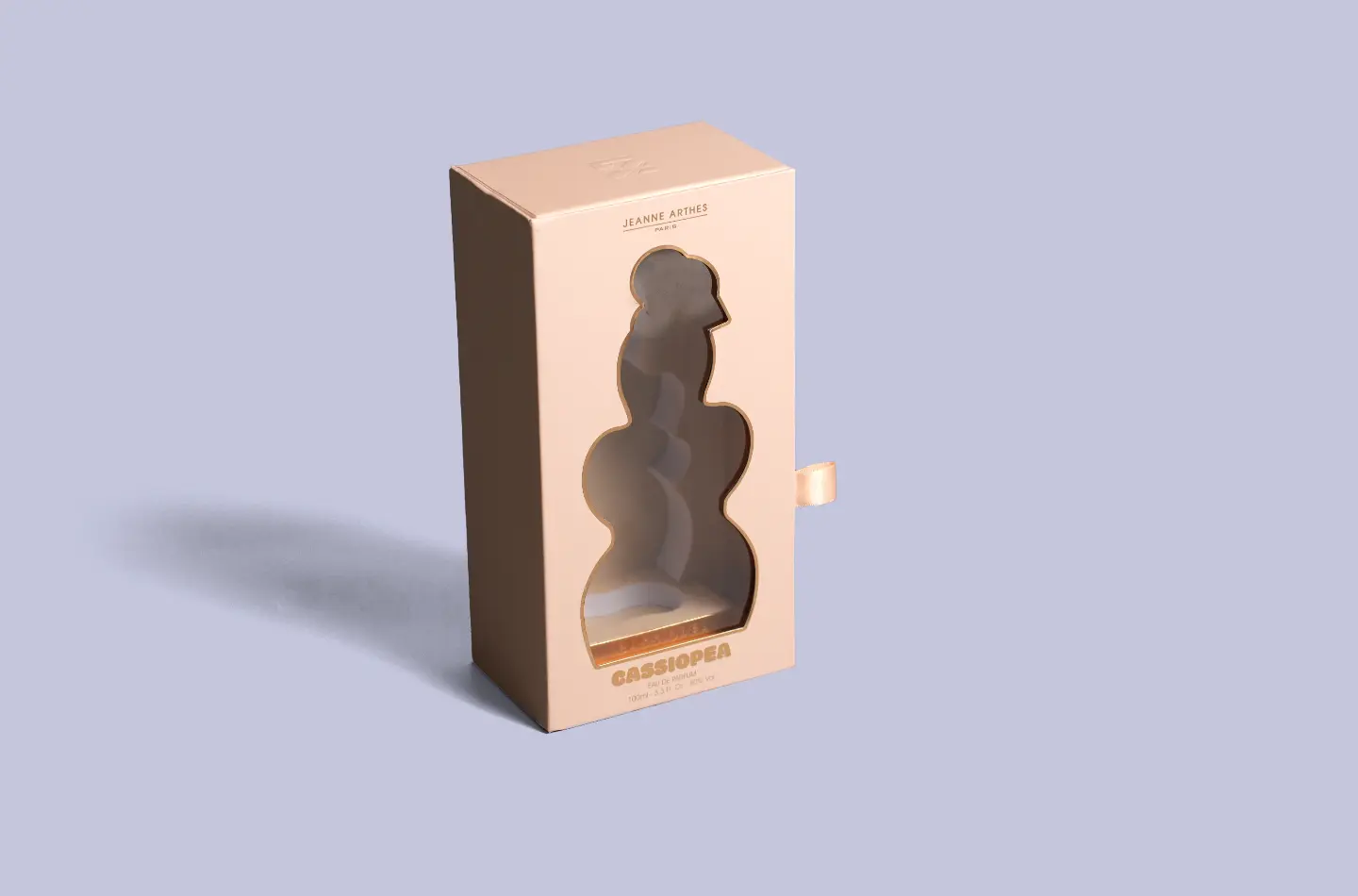 Premium perfume book-style packaging box with gold foil and window, shown closed from the front