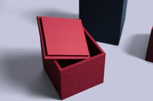 Detail shot of the rear of the upper lid with embossed surface on a two-piece tea packaging box