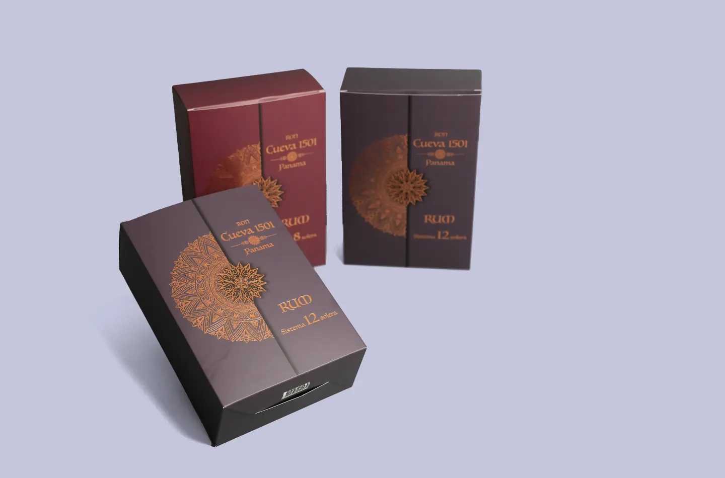 Custom cosmetics packaging tuck box featuring embossed and gold-stamped surface shown from the front