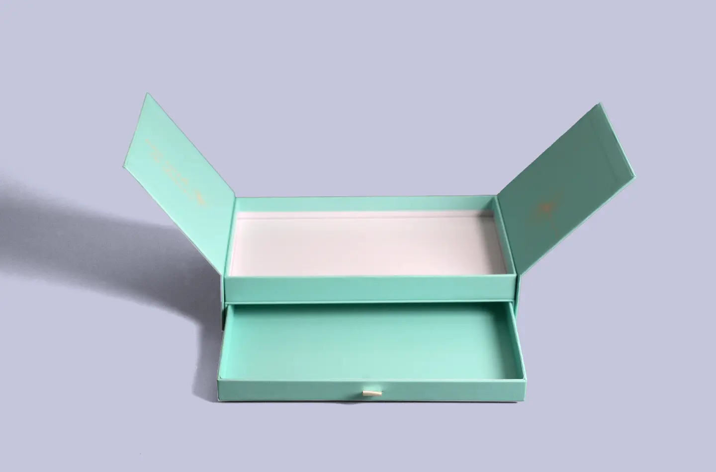 Overhead view showing the interior of a fully opened UV printed magnetic closure box for clothing packaging