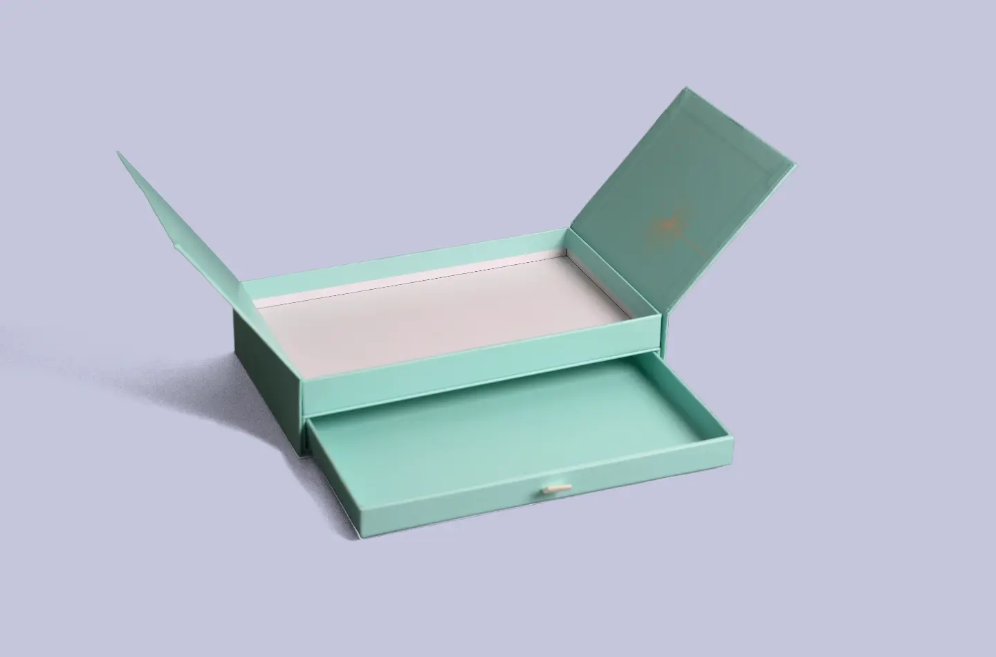 Front-facing display of a premium apparel magnetic flip-cover drawer box fully opened, featuring UV printing