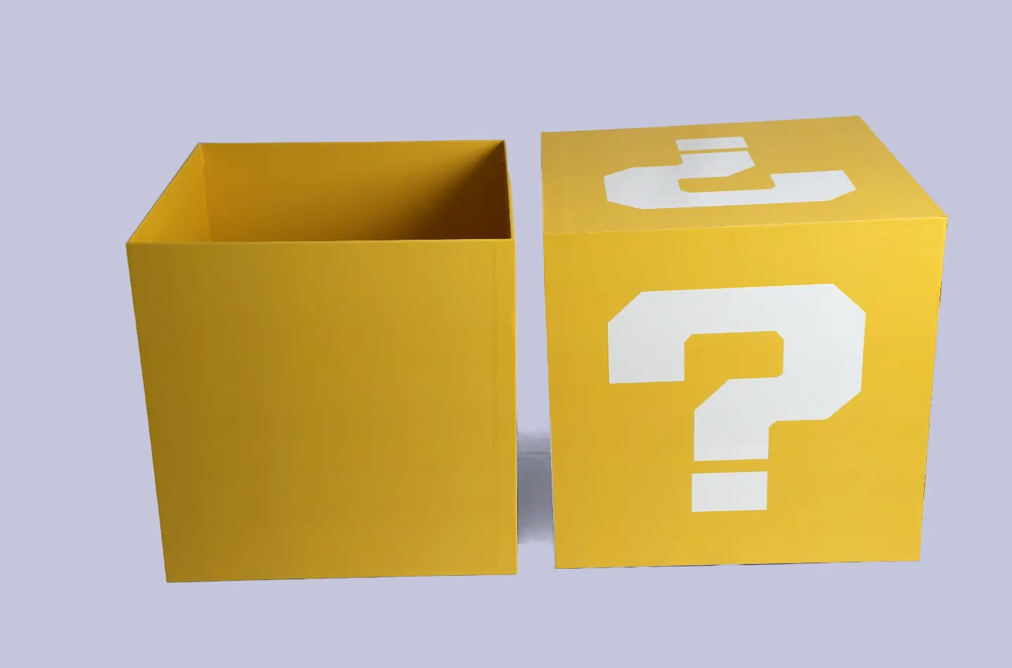 Open yellow two-piece telescopic packaging box with screen printing shown from the front