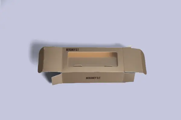 Fully unfolded flat layout of a custom chocolate packaging tuck-end box with die-cut window