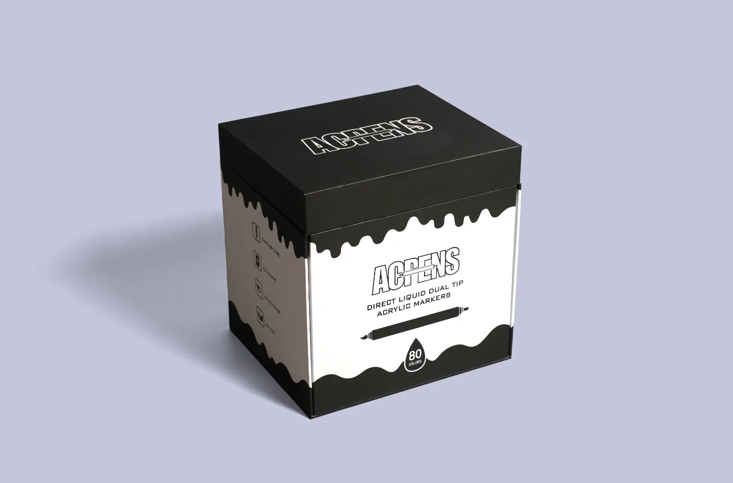 Straight-on view of a customized flip-open display box designed for toy packaging