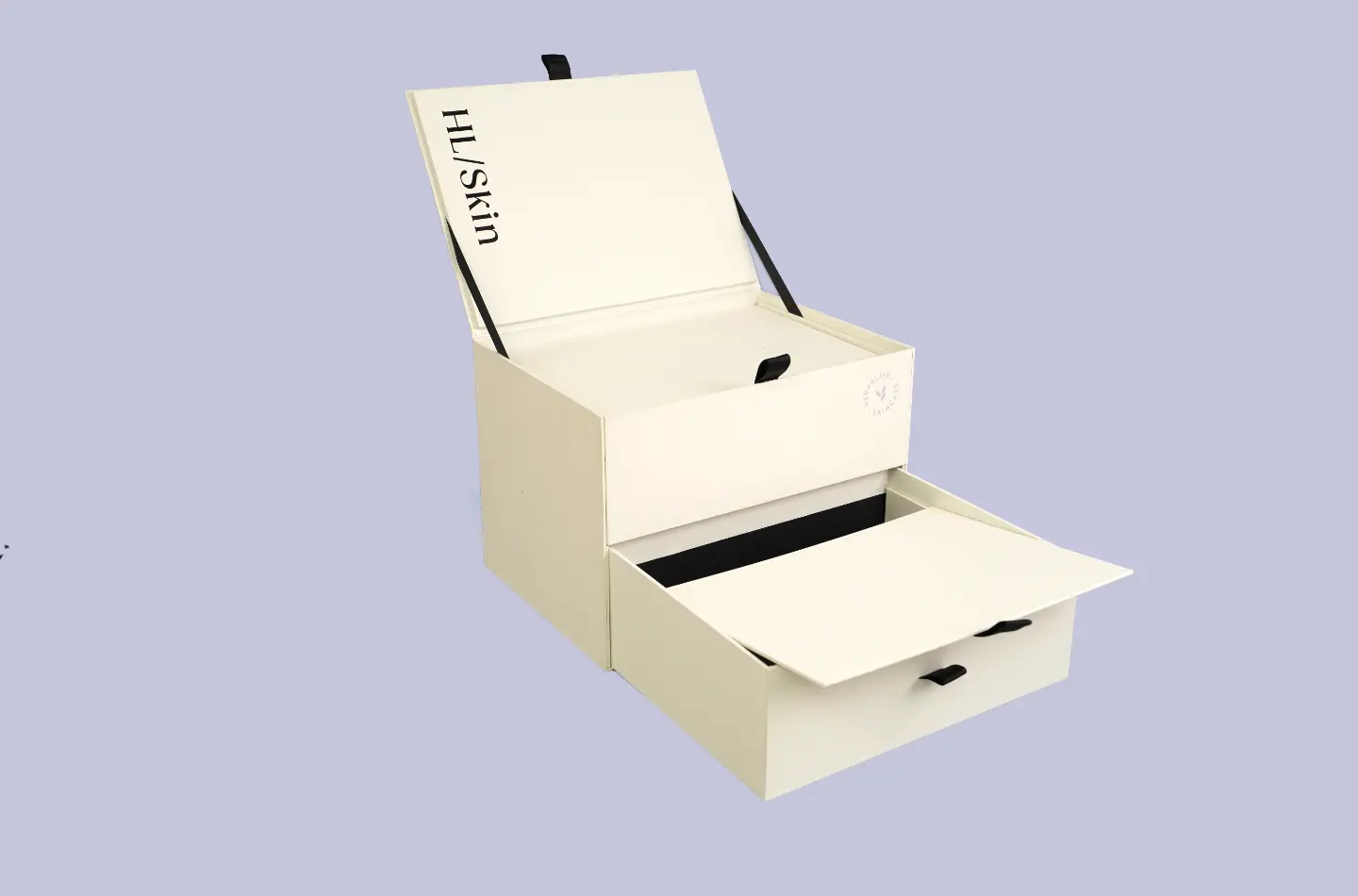 Opened flip-top double-layer drawer box featuring holographic gold foil details, displayed from the front.