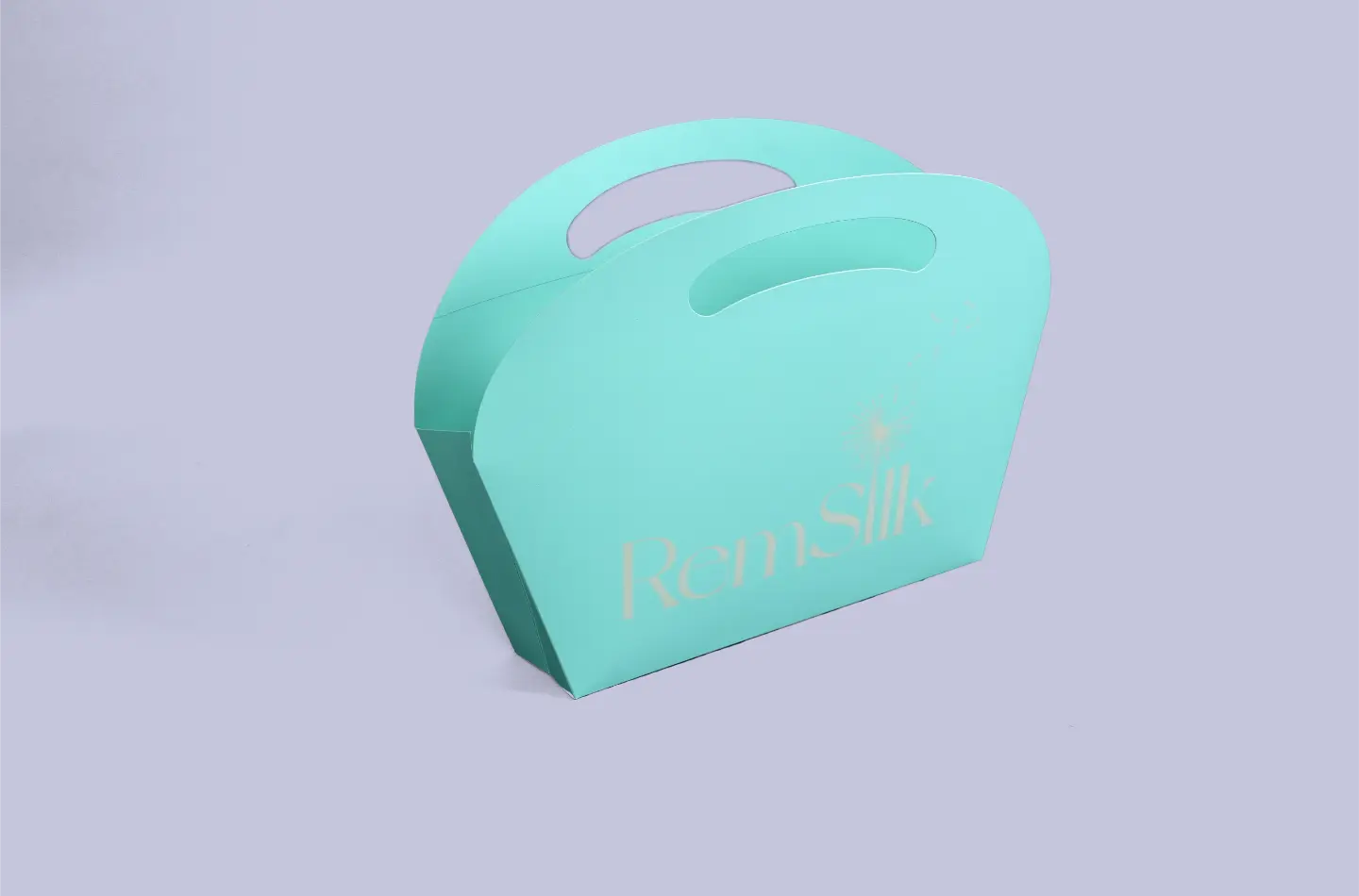 Straight-on display of a Tiffany blue curved-top tote bag with smooth surface and no waistline