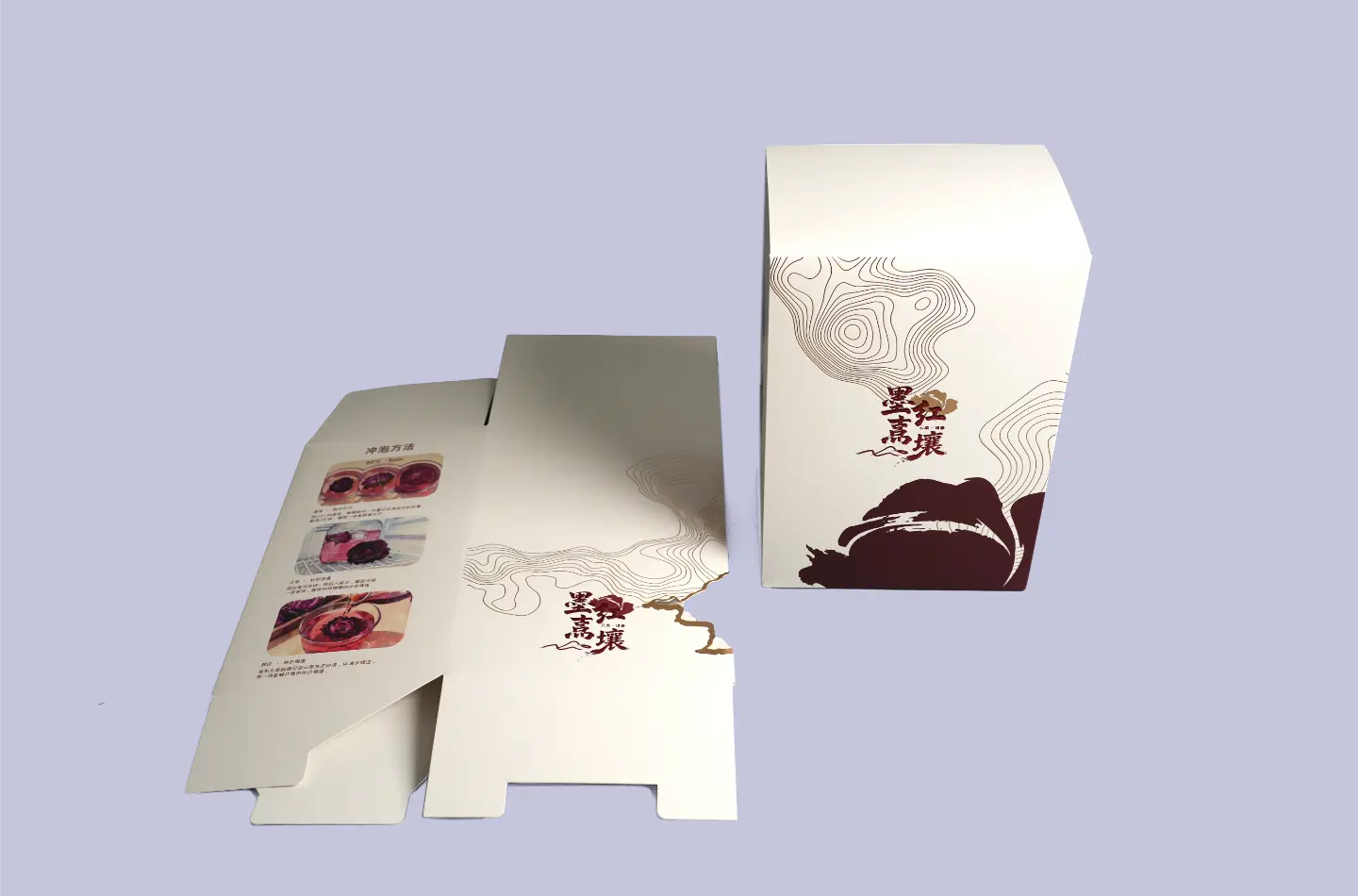 Front display of luxury embossed red-gold foil windowed tuck packaging, featuring one open box beside one closed box