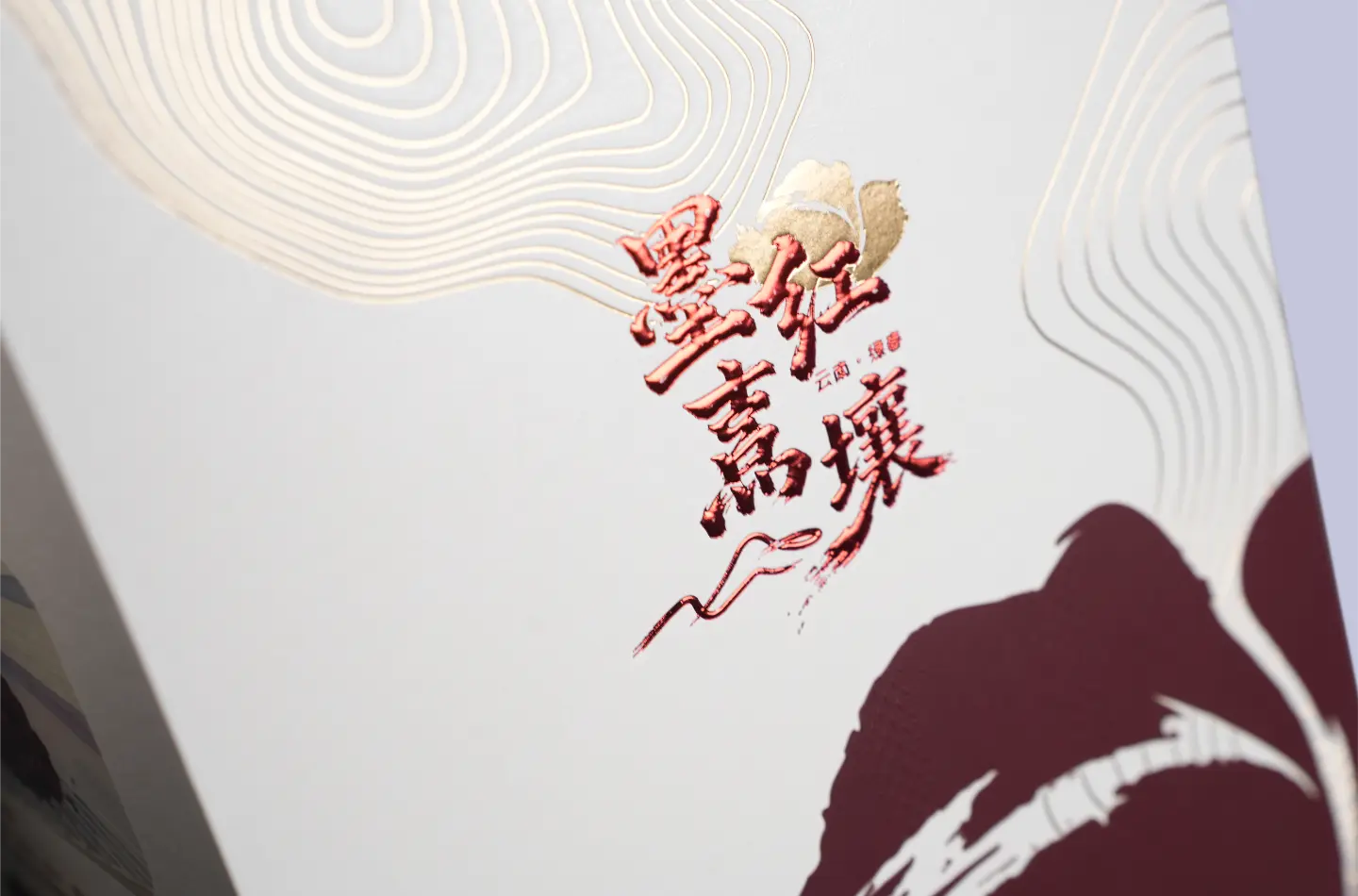 Detailed macro shot showing the red-gold hot foil accents on the embossed texture of the premium windowed tuck packaging