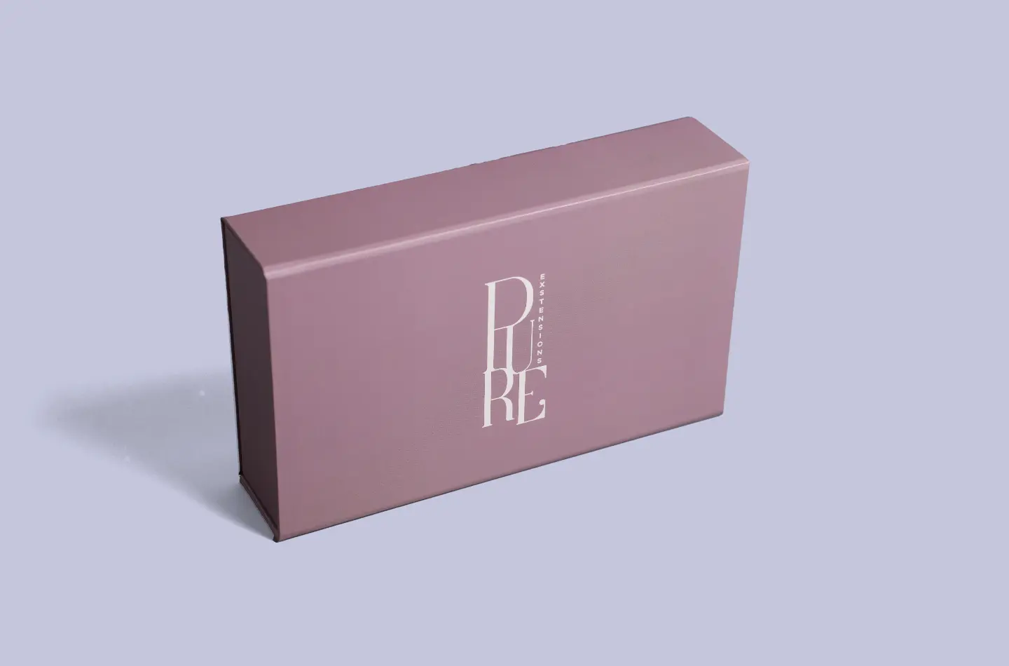 Unopened luxury purple magnetic foldable flip-top box with UV-printed surface, shown standing upright from the front