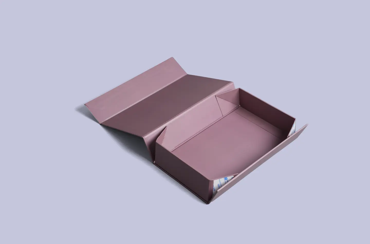 Luxury custom purple flip-top box with magnetic closure and UV printing, shown opened from the front