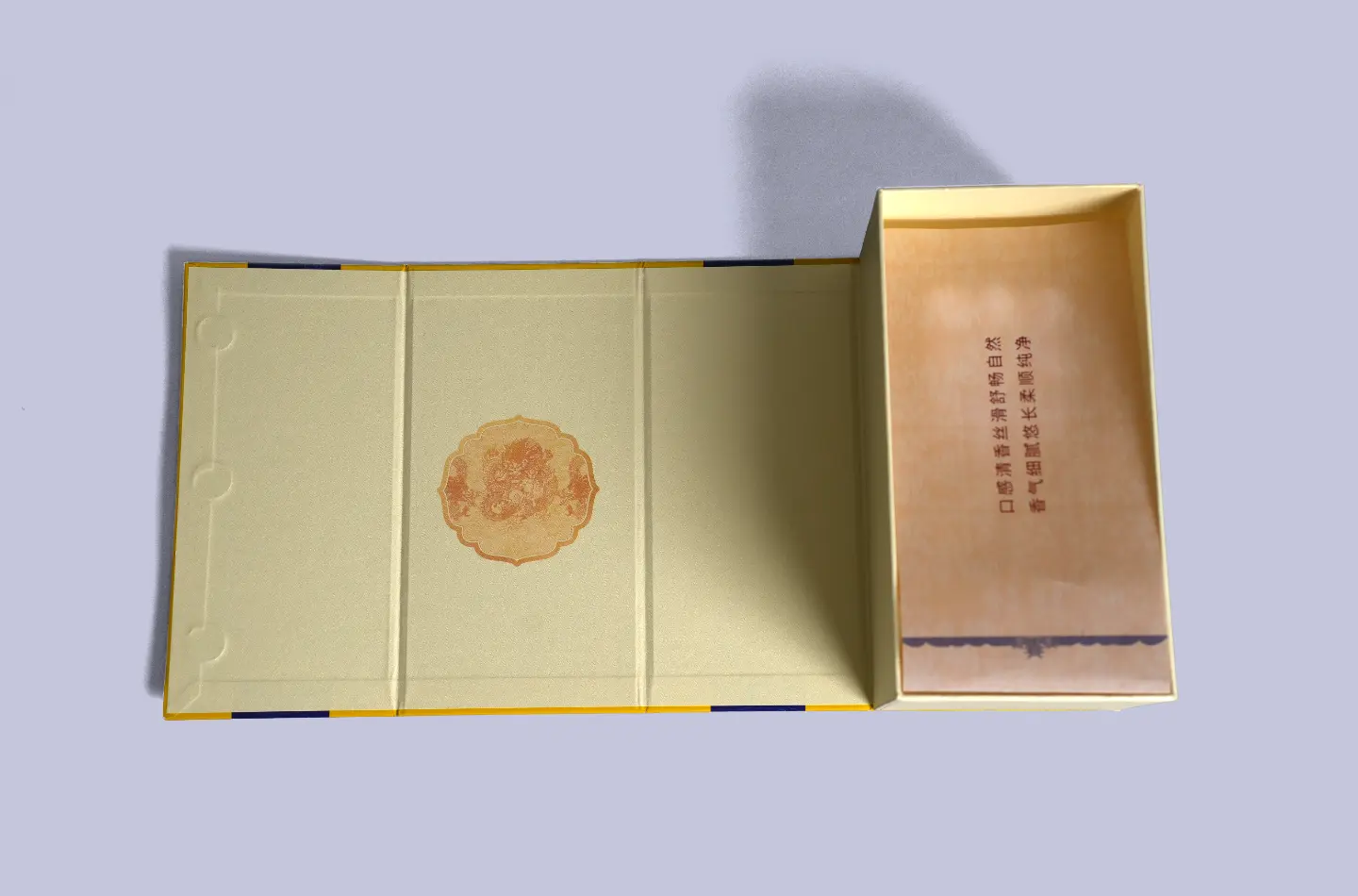 Gold magnetic flip-top box with embossing and UV design, shown fully open from an elevated front view