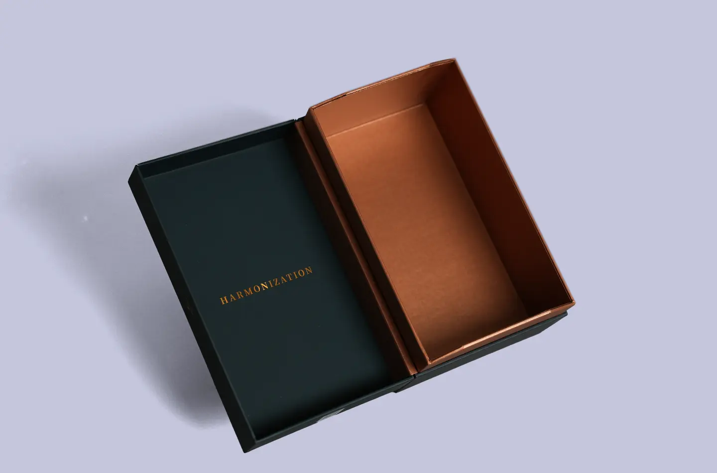 Flat-lay perspective showing the opened luxury book-style packaging box with UV printing and gold foil accents