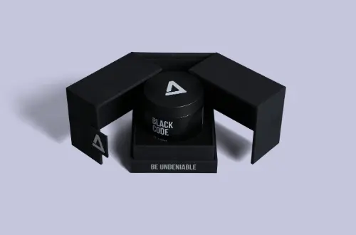 Luxury black magnetic box with silver foil finish, opened and presented from the front view
