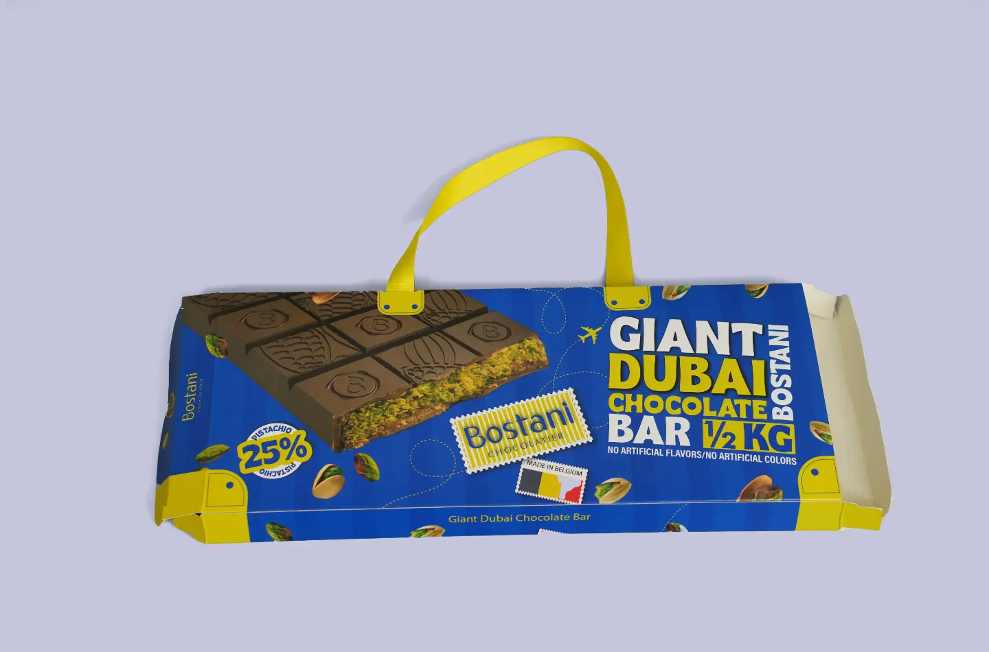 Front view of a custom paperboard box with handle and tuck-in closure, shown opened