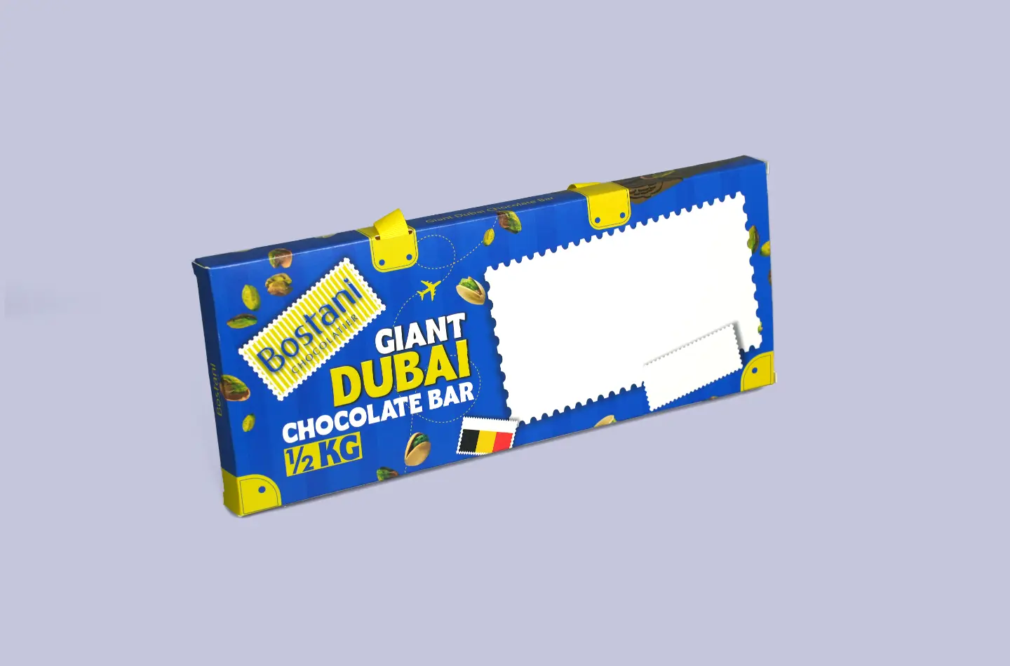 Back-facing view of a custom paperboard box with handle and tuck-in flap