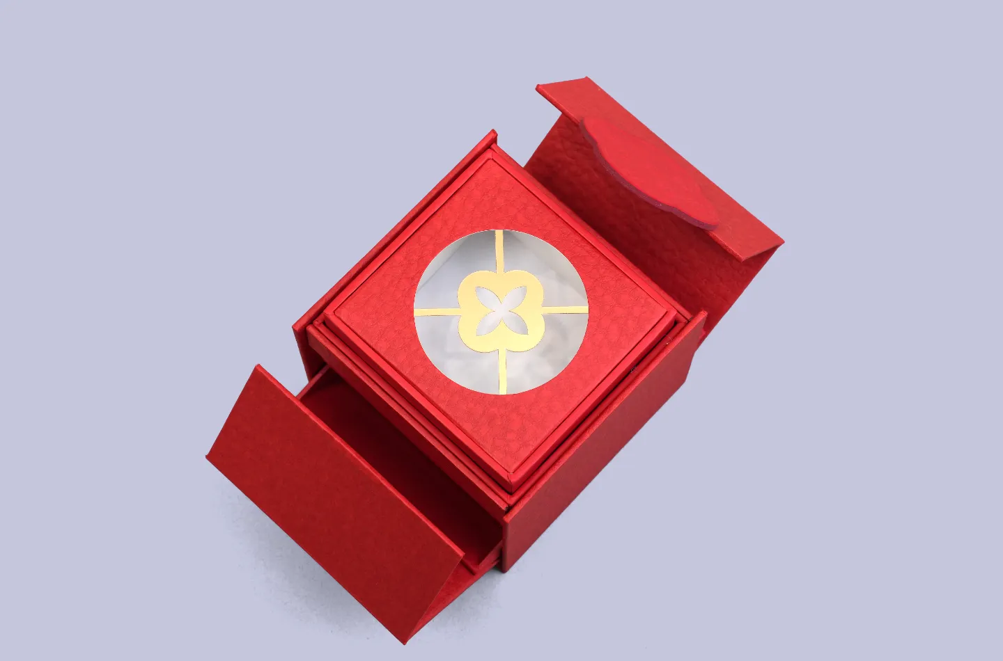 premium custom red magnetic double-door tea box with die-cut paper insert, showcasing interior front detail