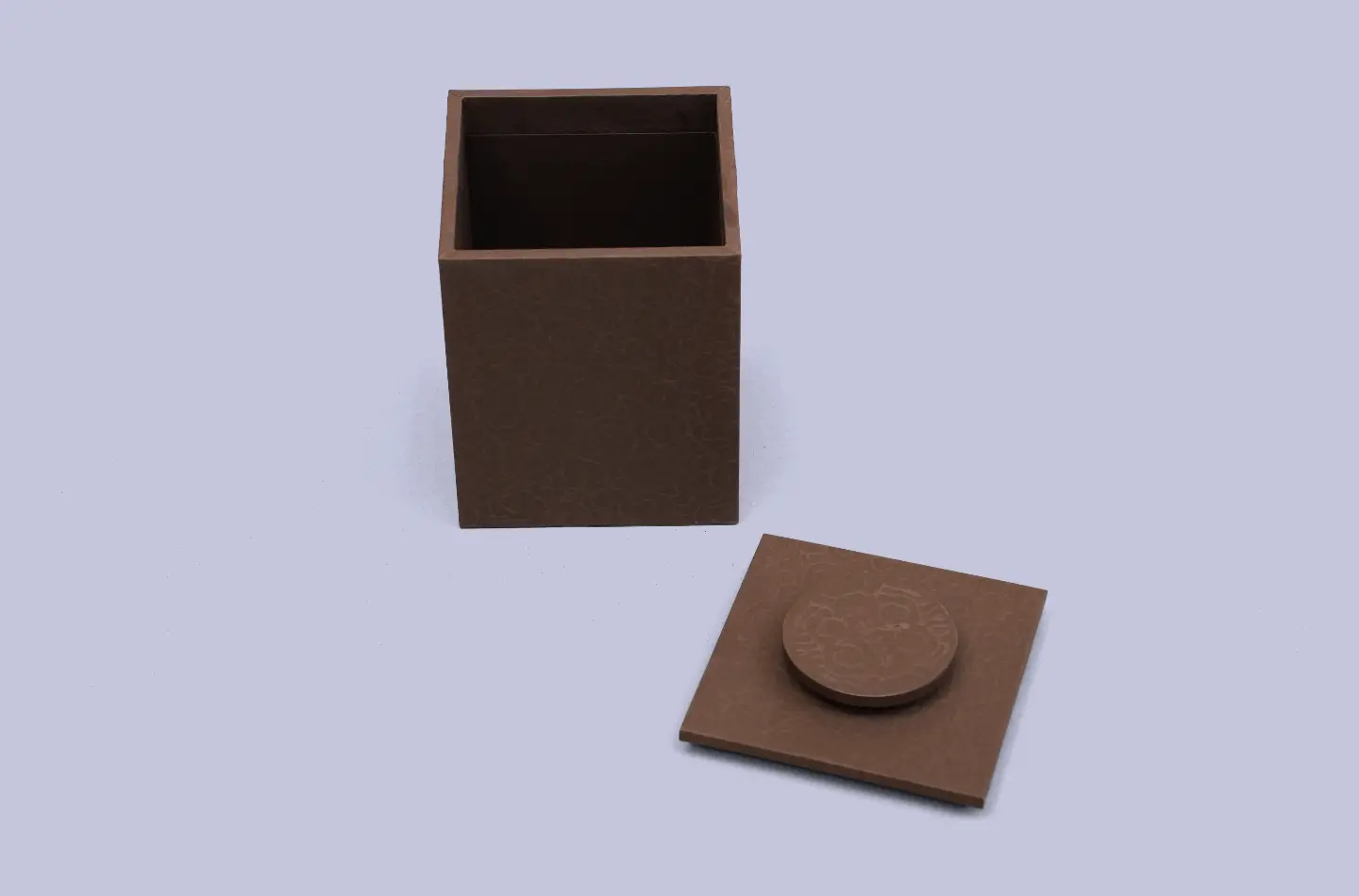 premium custom brown tea two-piece rigid box with specialty paper surface open view from the front