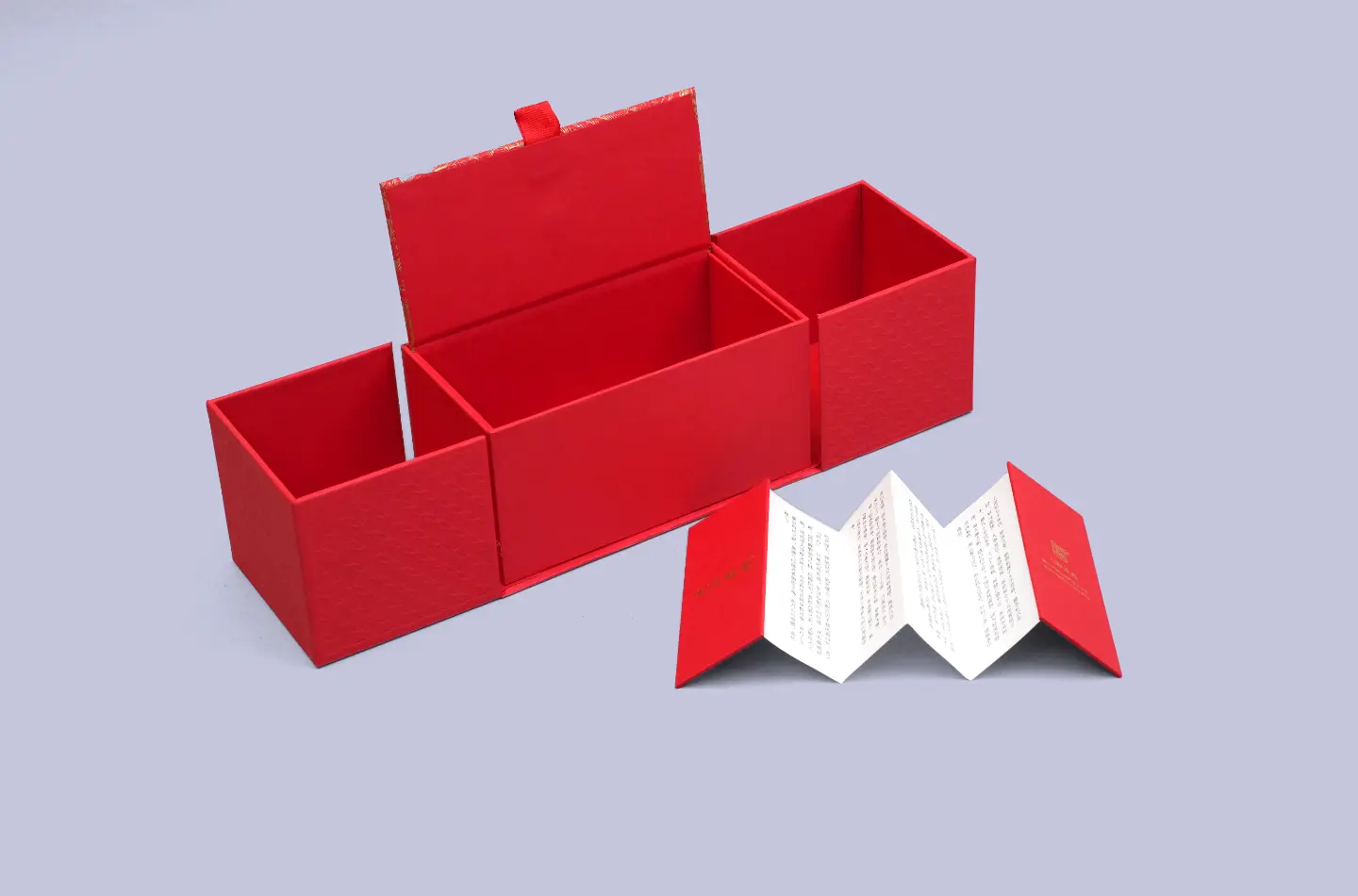 premium custom red tea magnetic book-style box featuring specialty paper surface showcasing the open front view with flap detail, magnetic closure, and interior insert detail