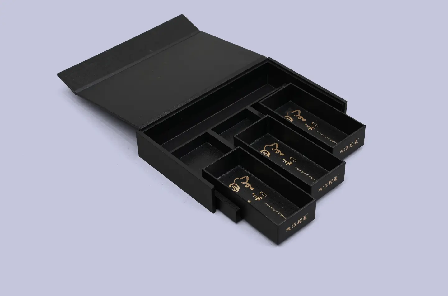 premium custom black tea magnetic book-style box with specialty paper surface fully open view from the front