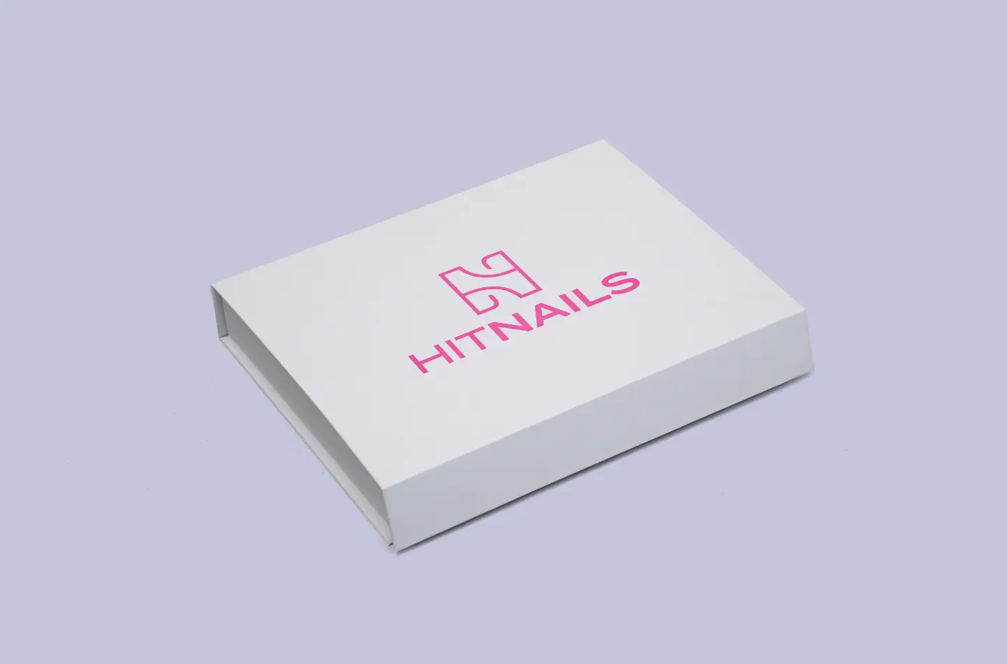 premium custom white cosmetics book-style box featuring EVA insert and pink logo showcasing the front view