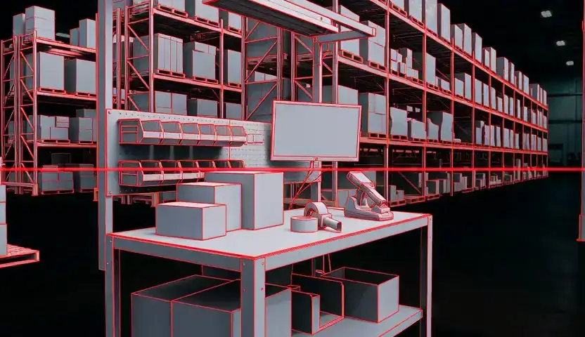 Concept visual: a warehouse packing station rebuilt as a 3D model