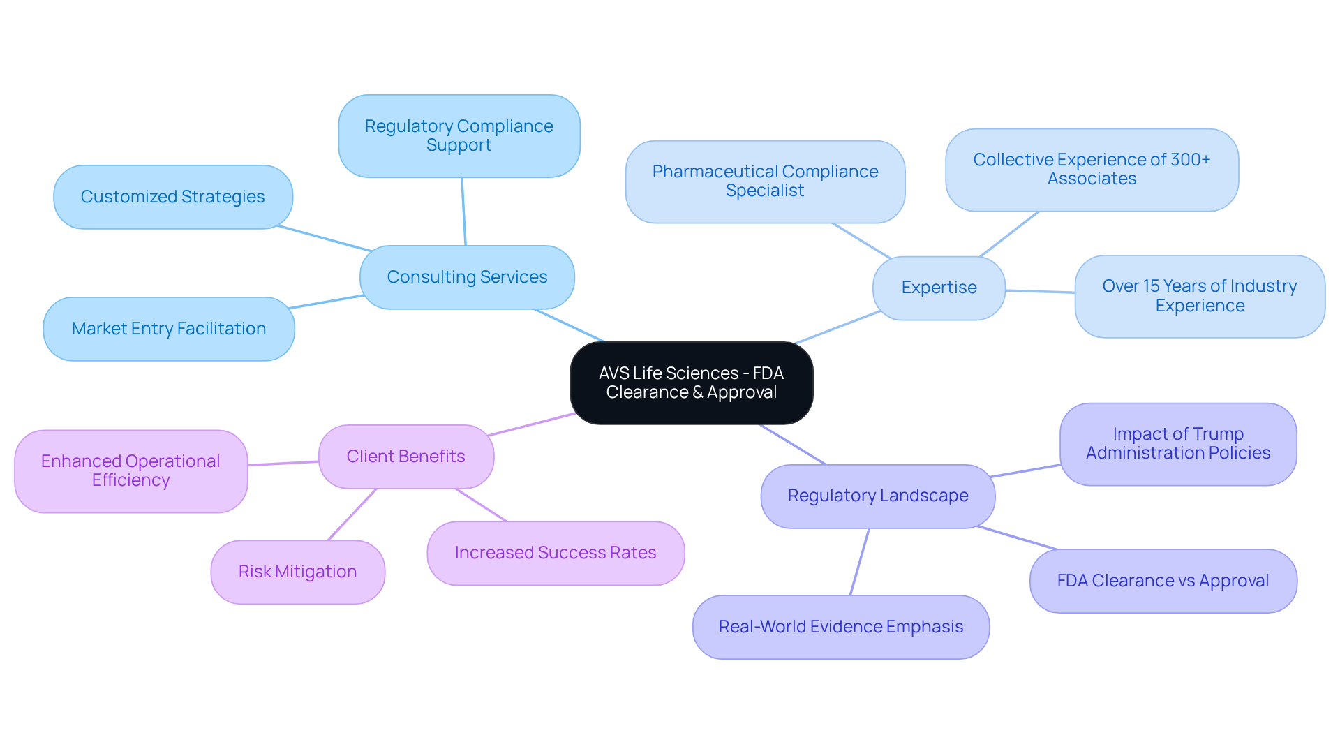 The central node represents AVS's focus area, while the branches illustrate the core services and benefits. Each sub-branch gives more detail on specific aspects, helping you understand how AVS supports clients in achieving regulatory success.