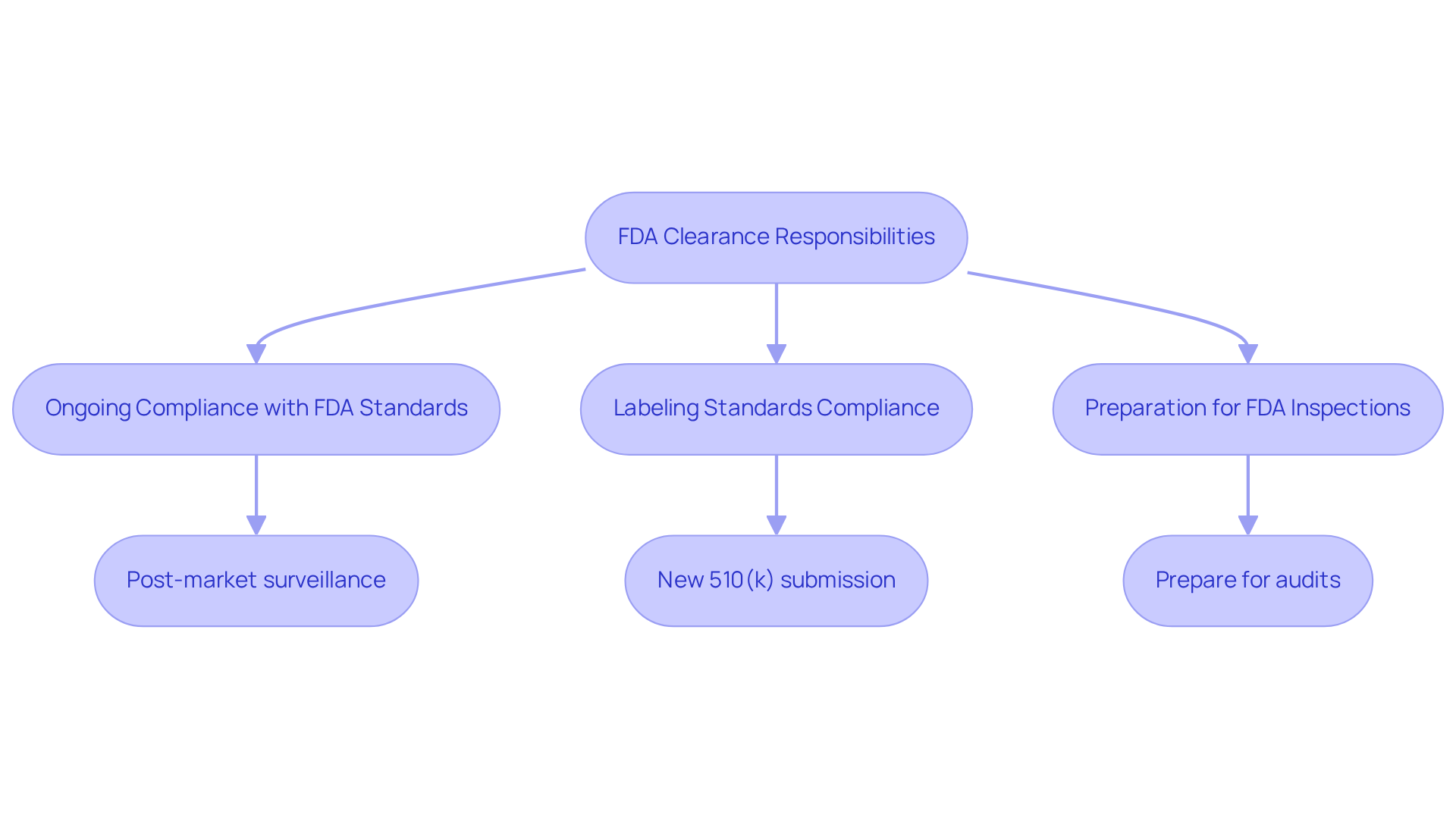 Follow the arrows through the flowchart to see the key responsibilities manufacturers must fulfill after receiving FDA clearance — each box represents a critical area of compliance.