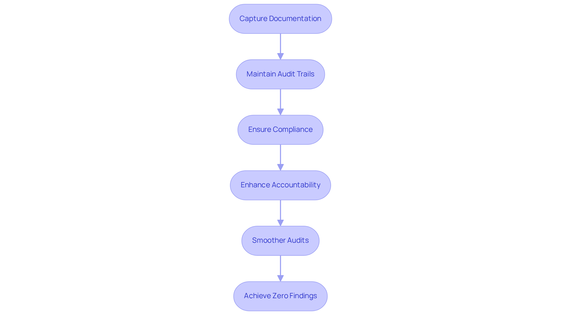 Each box shows a step in the documentation and audit trail process — follow the arrows to see how each step contributes to compliance and accountability.