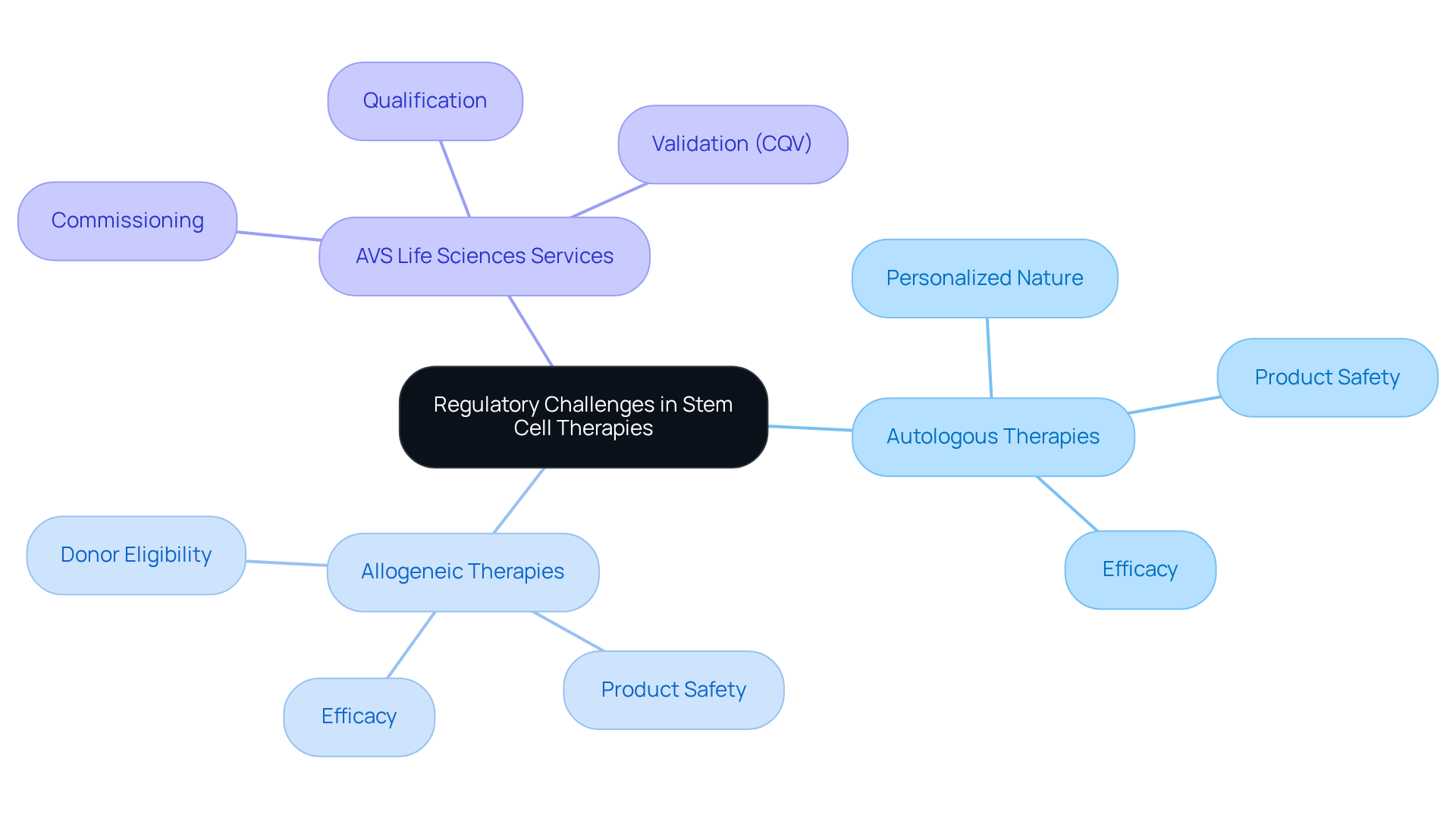 The center shows the main topic of regulatory challenges in stem cell therapies. The branches clarify the differences between autologous and allogeneic therapies, while the services offered by AVS Life Sciences provide additional support in overcoming these challenges.