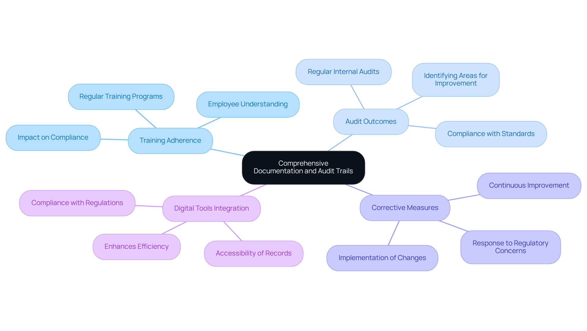 The center node represents the core theme of documentation, while the branches highlight key areas that need attention. Each color-coded branch helps you quickly identify different aspects of compliance documentation.