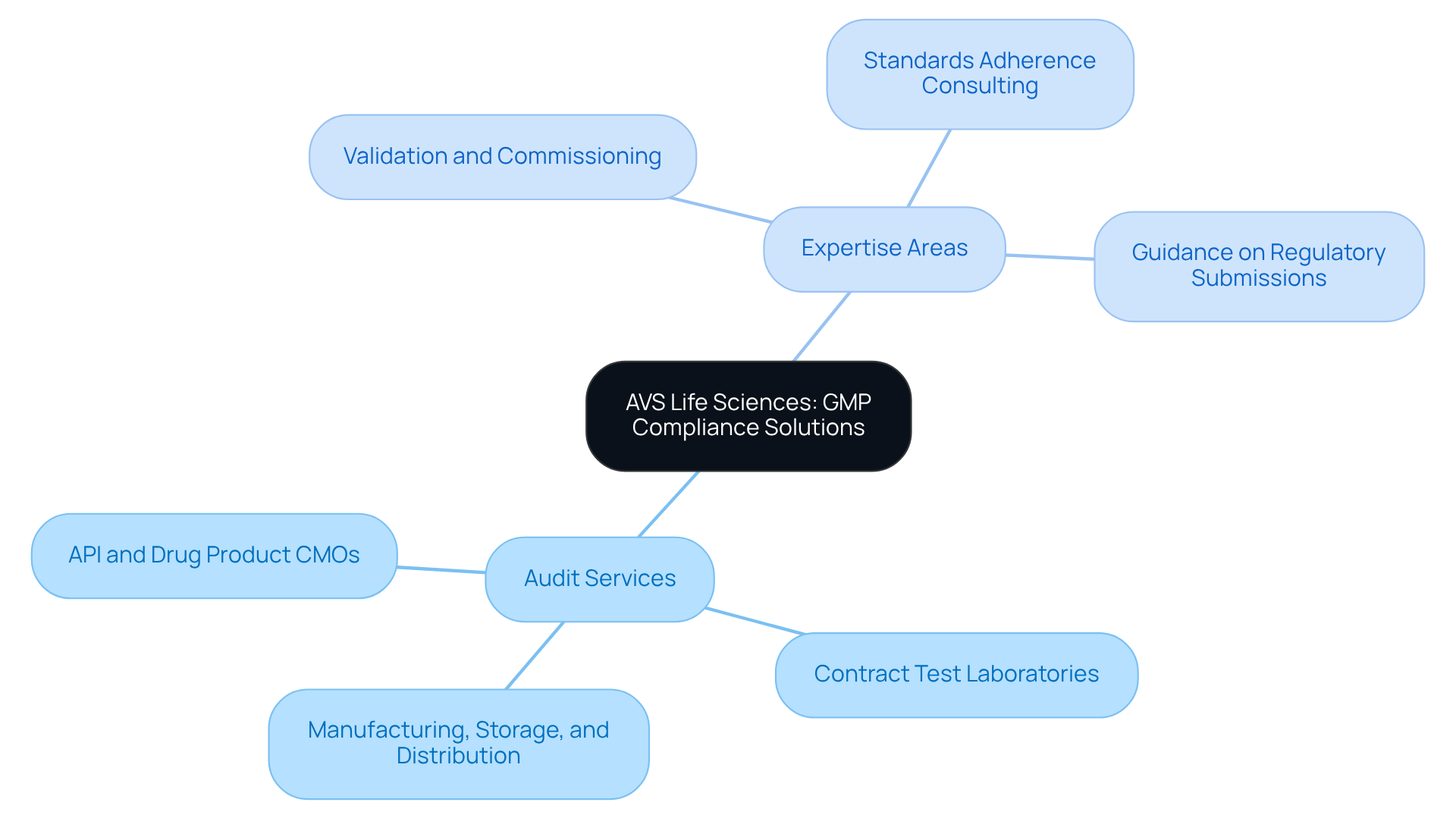 The central node represents AVS Life Sciences' focus on GMP compliance. The branches illustrate the different services and areas of expertise, helping you see how each aspect connects to the overall goal of ensuring quality assurance.