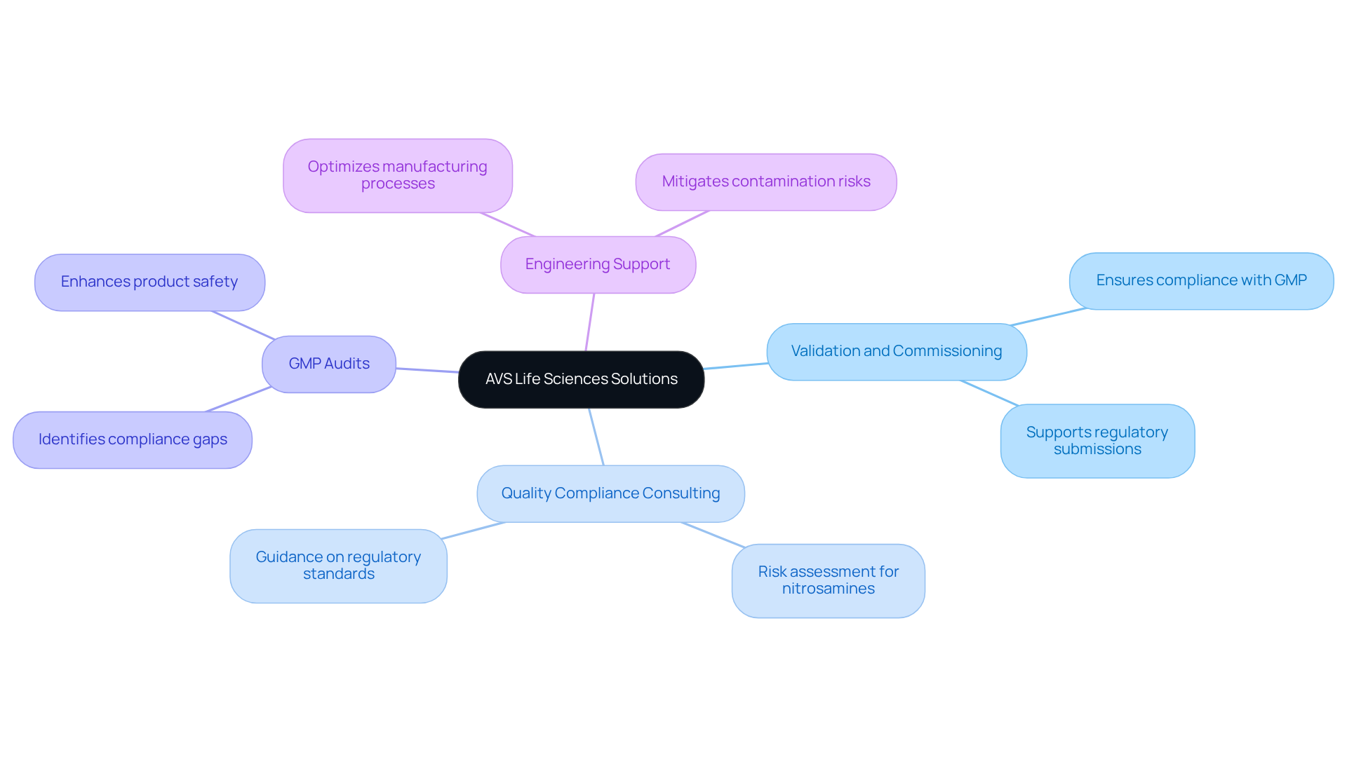 The central node represents AVS Life Sciences, with branches showing the key services they offer. Each service connects back to the main goal of ensuring compliance and safety in pharmaceuticals, particularly against nitrosamine impurities.