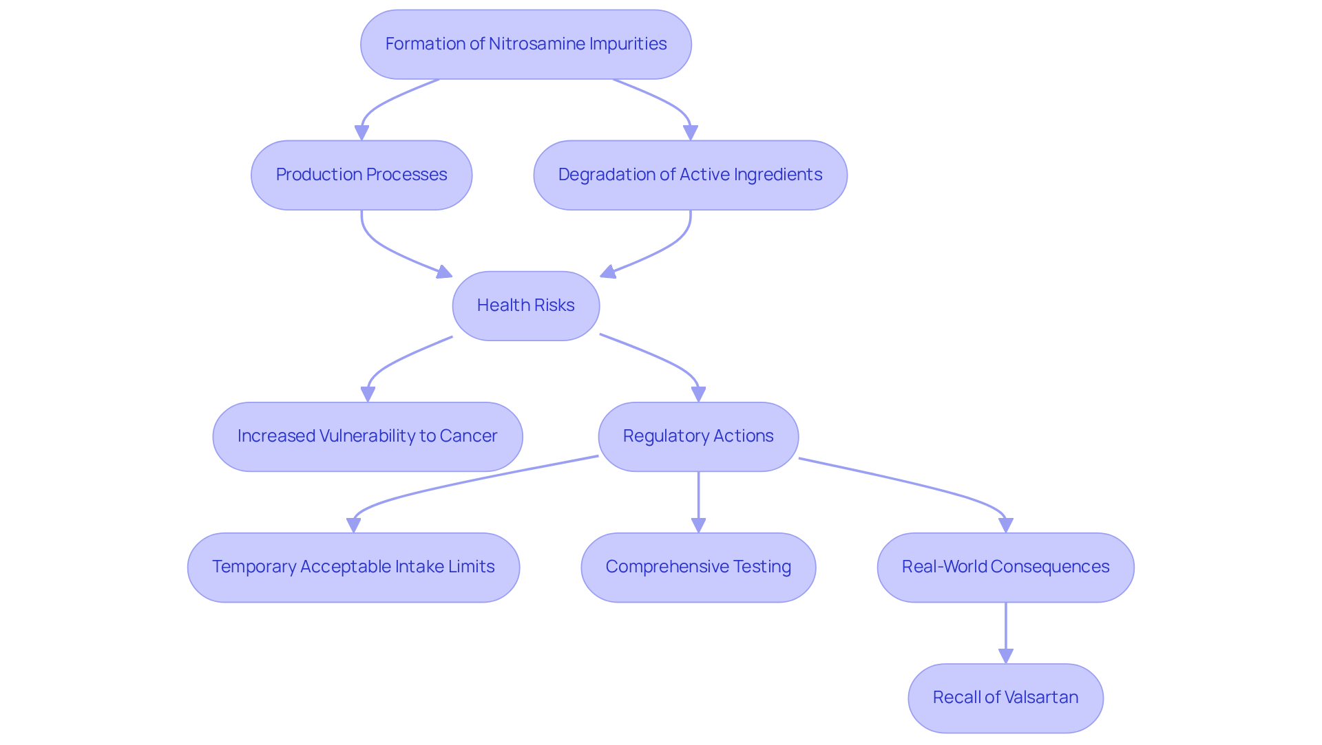 This flowchart shows how nitrosamine impurities form and lead to health risks, prompting regulatory actions. Each step illustrates the connection between causes, effects, and necessary measures to protect public health.