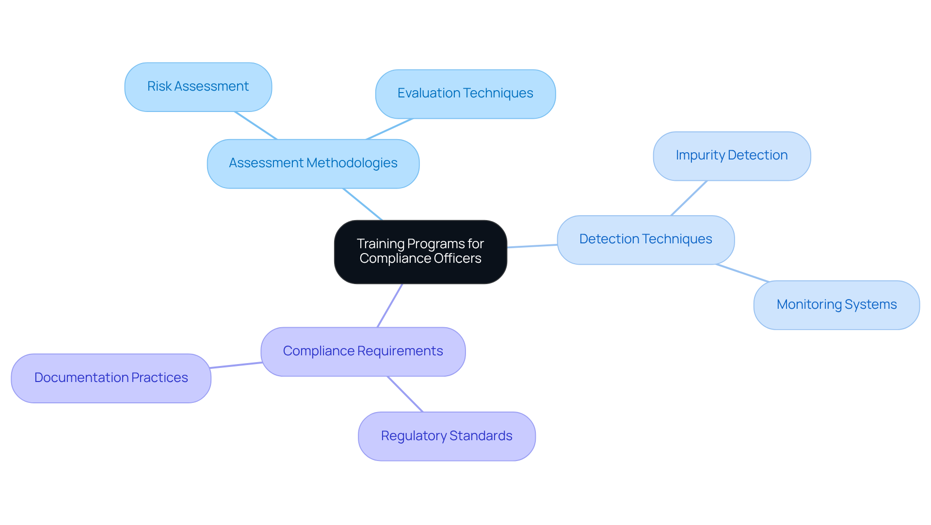 The central node represents the main focus of the training programs, while the branches show the key subjects that are essential for compliance officers to stay informed. Follow the branches to understand the different areas of training.