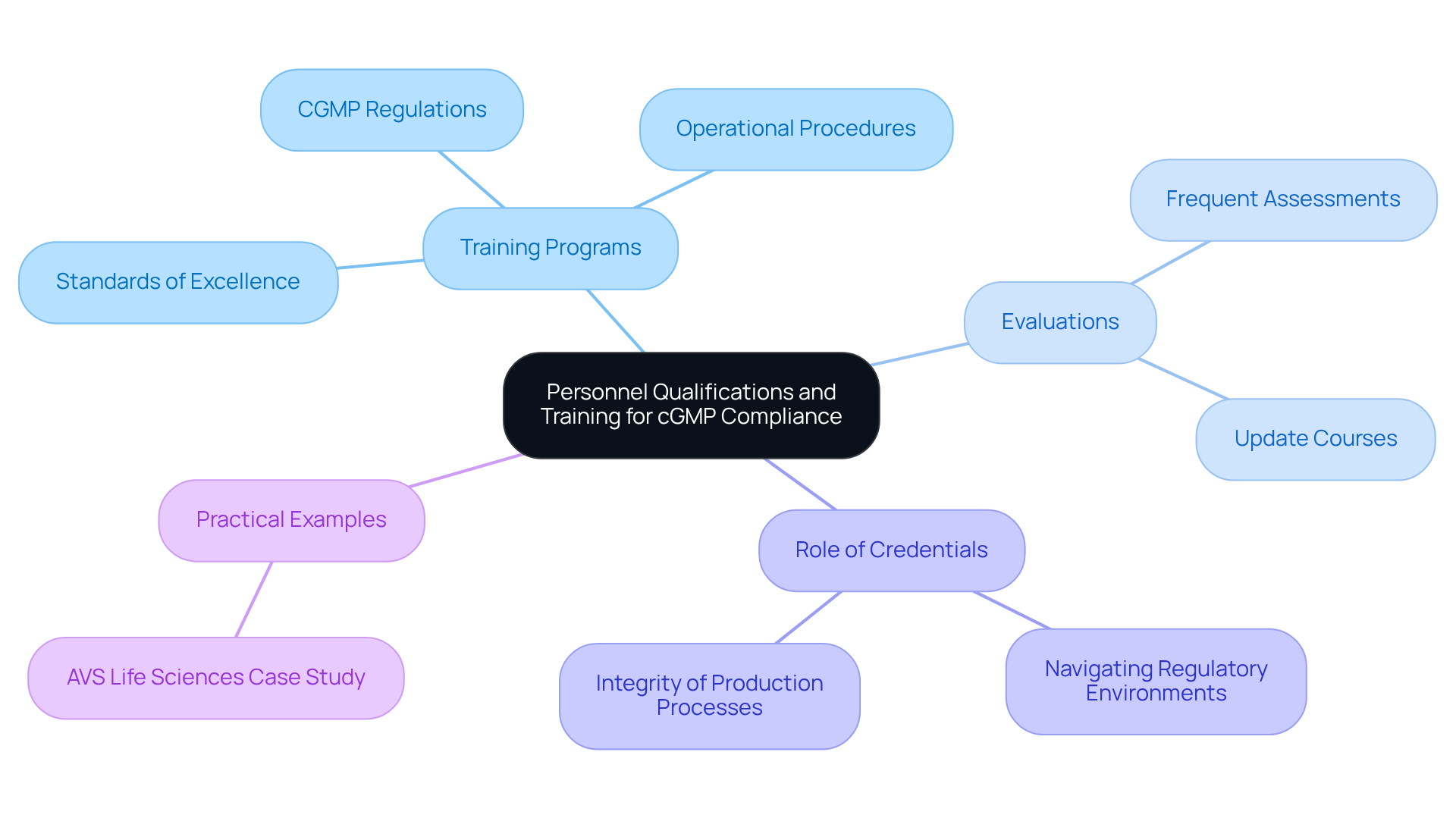The central node represents the main theme, while branches show different focus areas related to training and compliance. Each color-coded branch helps you see how various elements connect to uphold quality and safety in manufacturing.