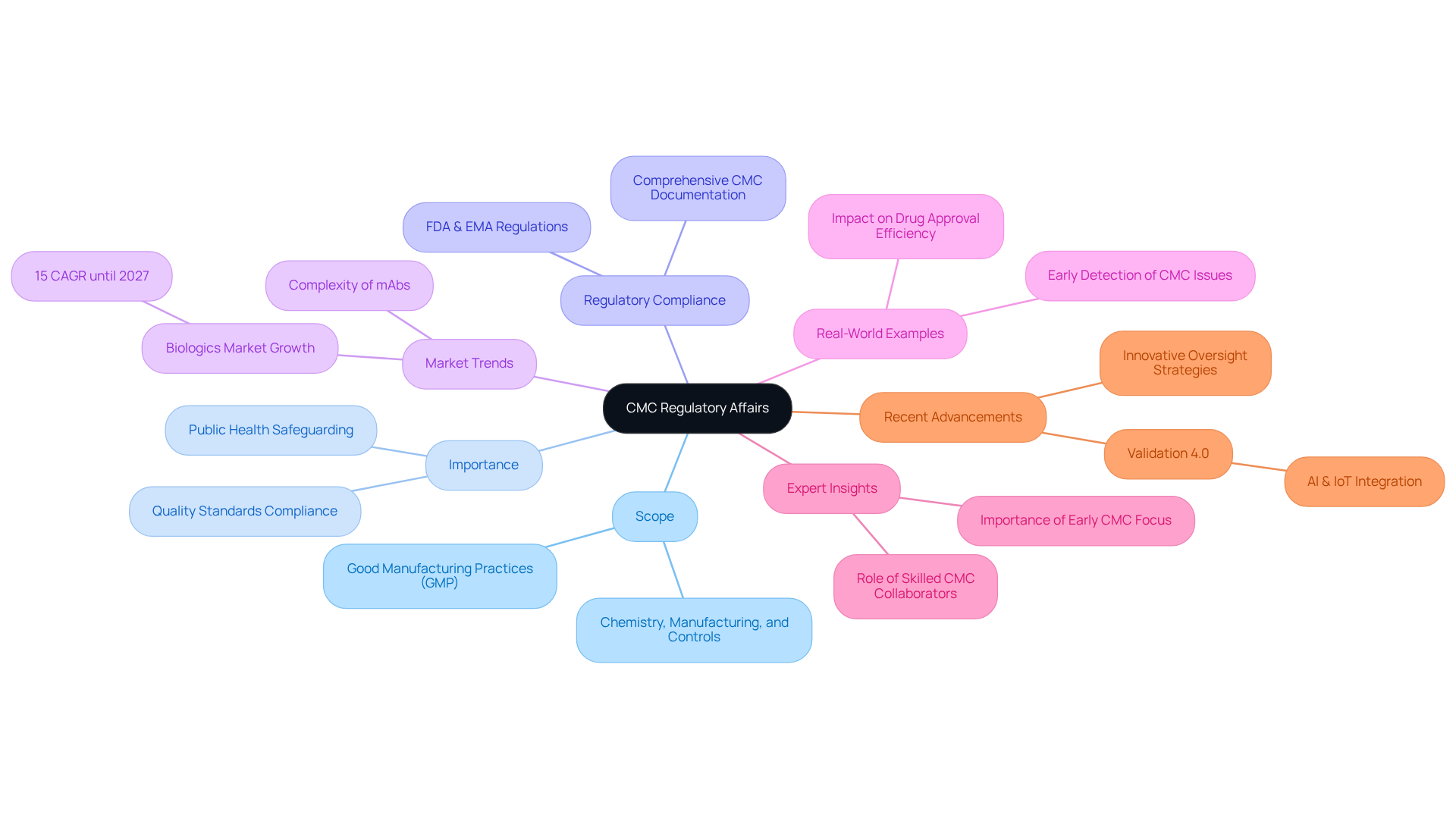 The center represents the main topic, and each branch represents a different aspect of CMC regulatory affairs — follow the branches to explore how each component contributes to the overall importance and complexity.