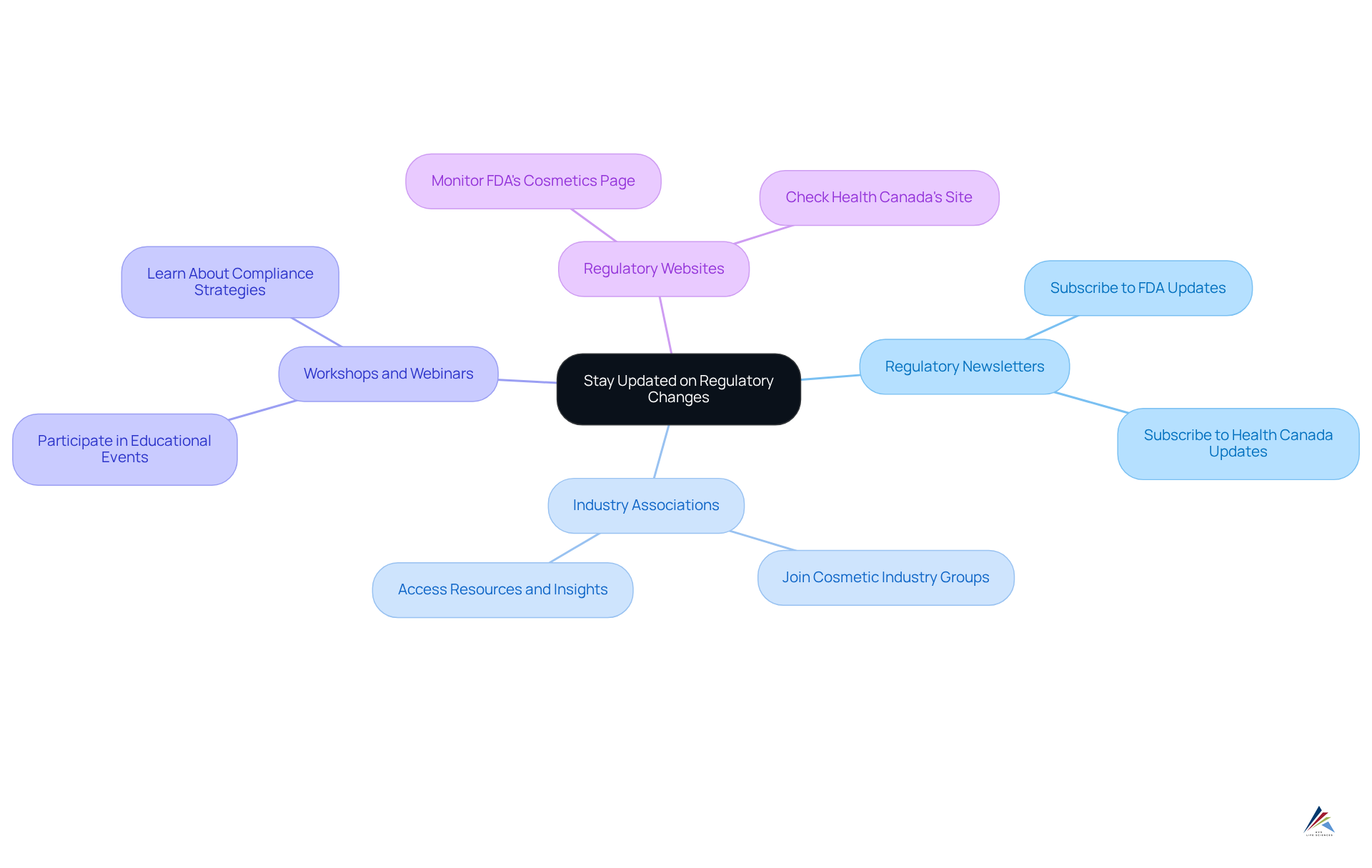 The center represents the main goal of staying informed about regulations, while the branches show different ways to achieve this, each with specific actions or resources underneath. The center represents the main goal of staying informed about regulations, while the branches show different ways to achieve this, each with specific actions or resources underneath.