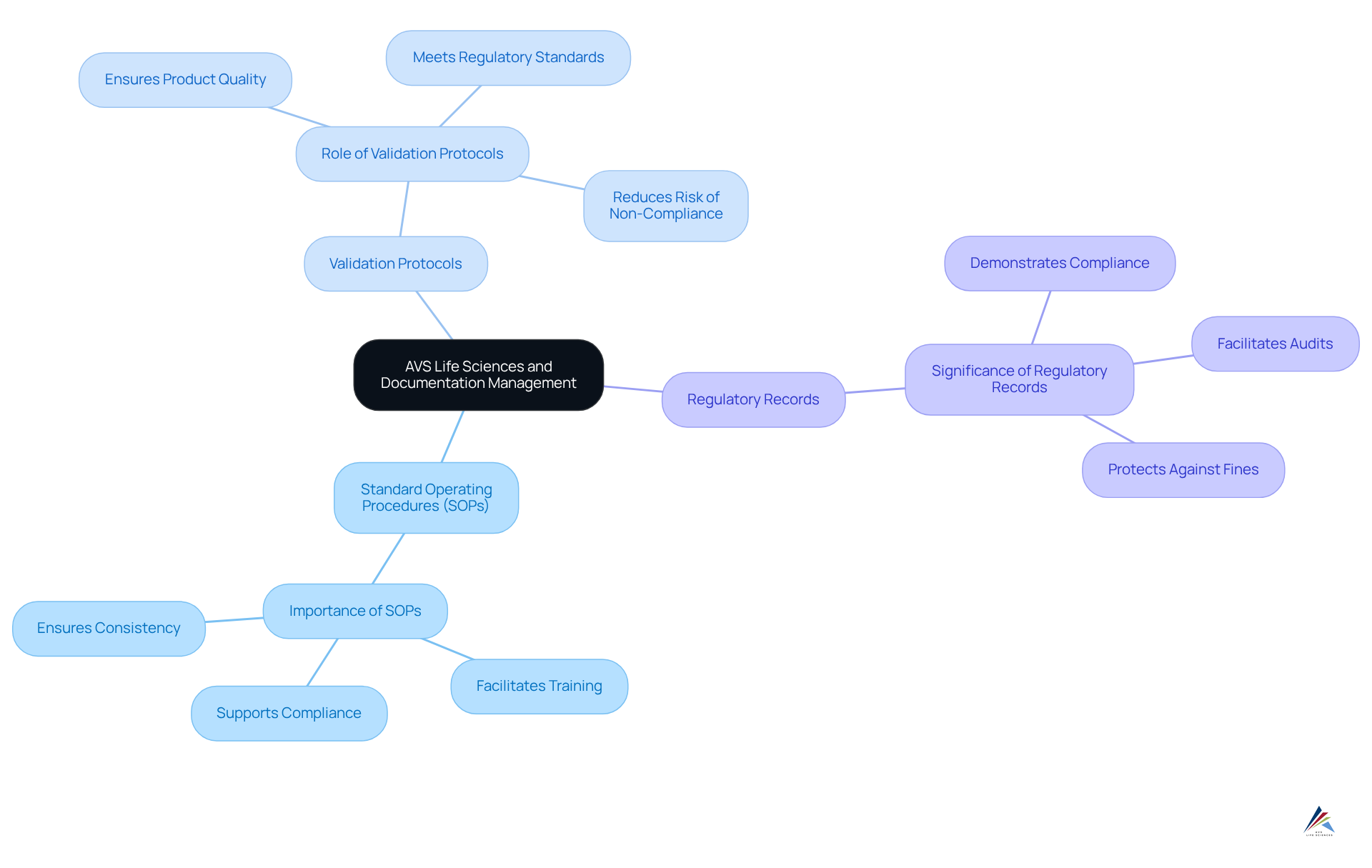 The central node represents AVS Life Sciences' focus on documentation management, while the branches illustrate the key components that contribute to effective compliance. Each color-coded section helps emphasize the importance of these elements in achieving operational excellence. The central node represents AVS Life Sciences' focus on documentation management, while the branches illustrate the key components that contribute to effective compliance. Each color-coded section helps emphasize the importance of these elements in achieving operational excellence.