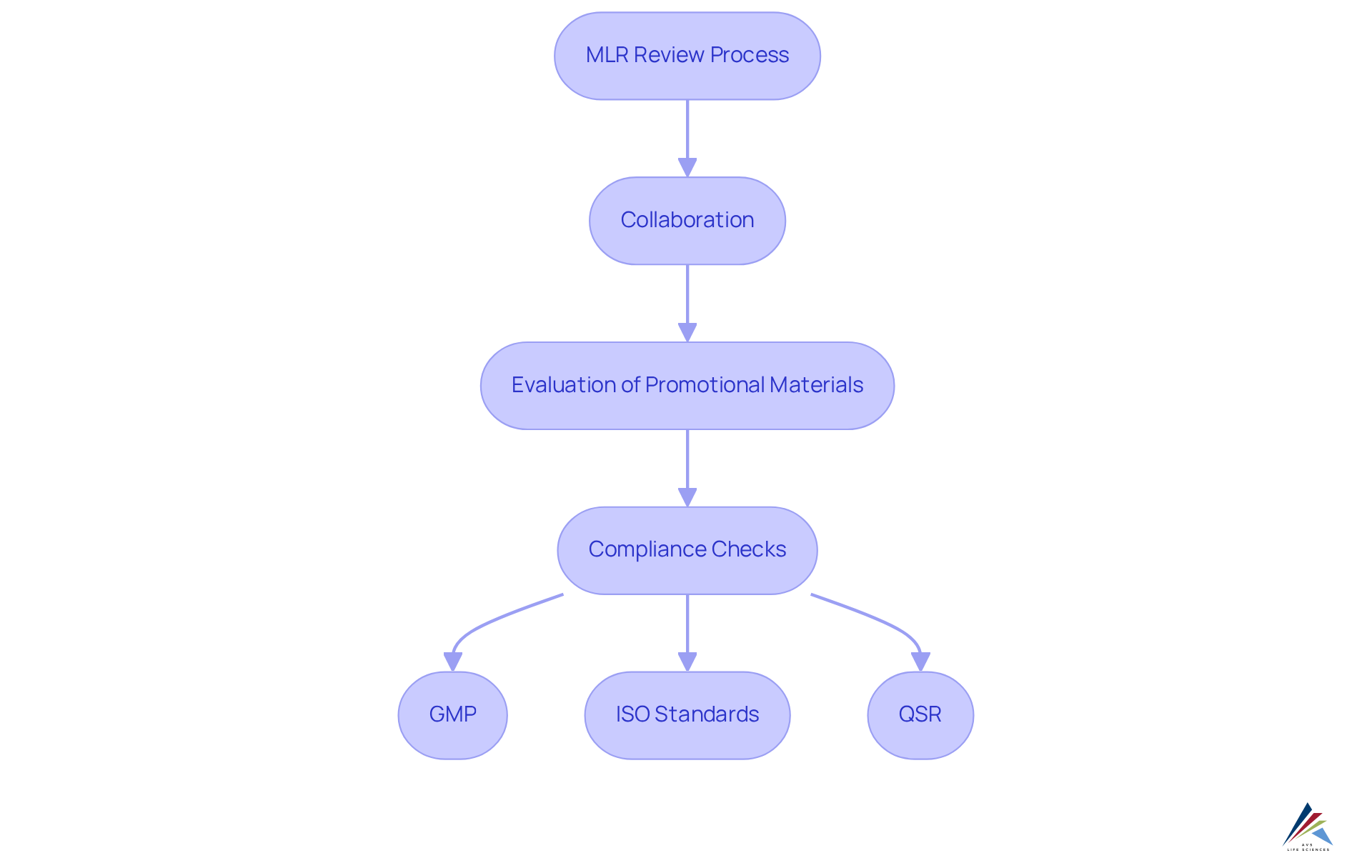 Follow the arrows to understand the steps involved in the MLR review process. Each box represents a stage in ensuring compliance, and the colors help distinguish between different aspects of the process.