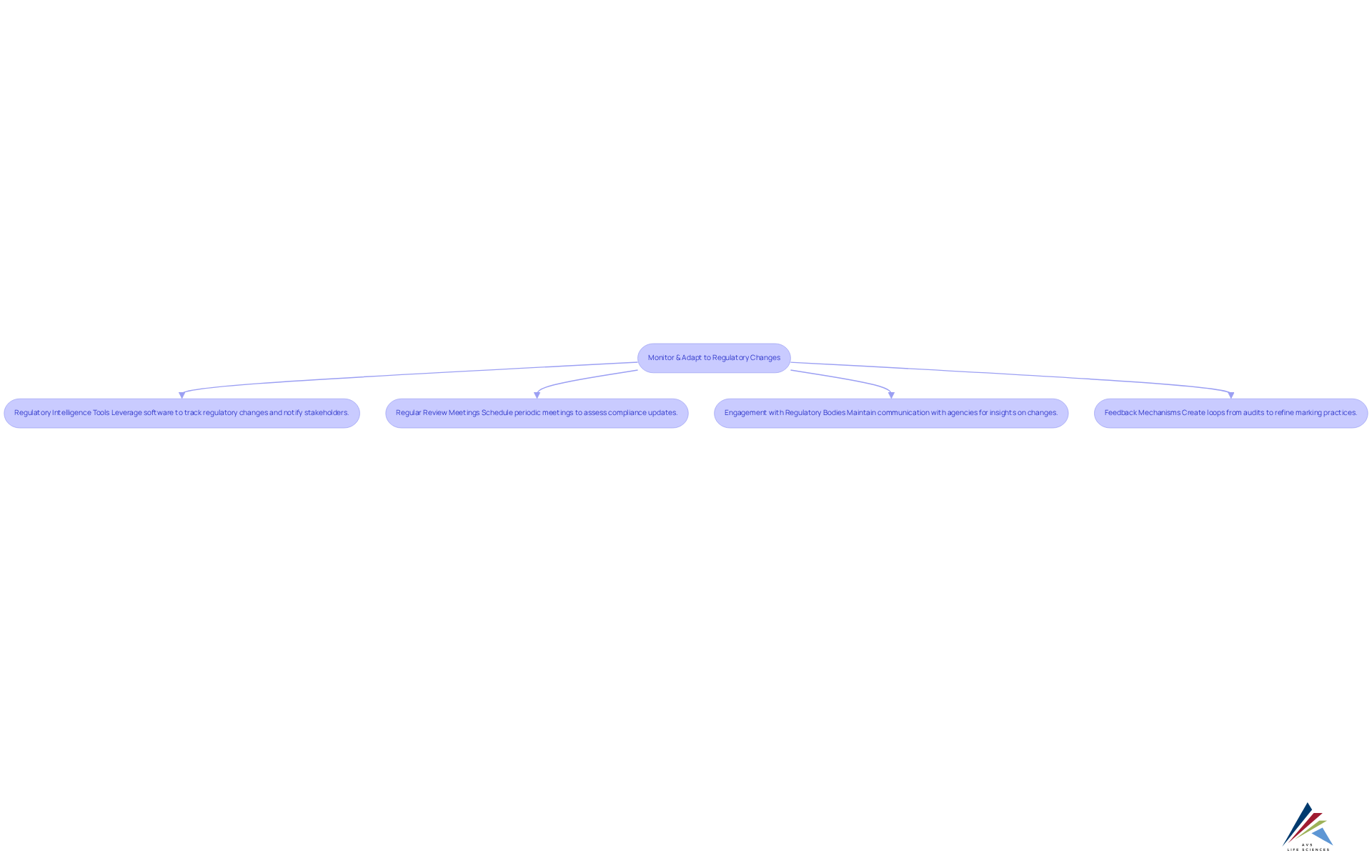 Follow the arrows from the main goal to see the specific strategies organizations can implement for compliance. Each box explains a different approach to staying updated with regulatory changes.