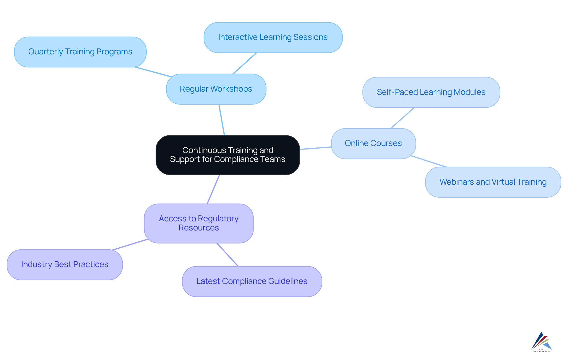 The center shows the main goal of continuous training, with branches representing different methods of support. Each branch helps explain how organizations can empower their compliance teams.