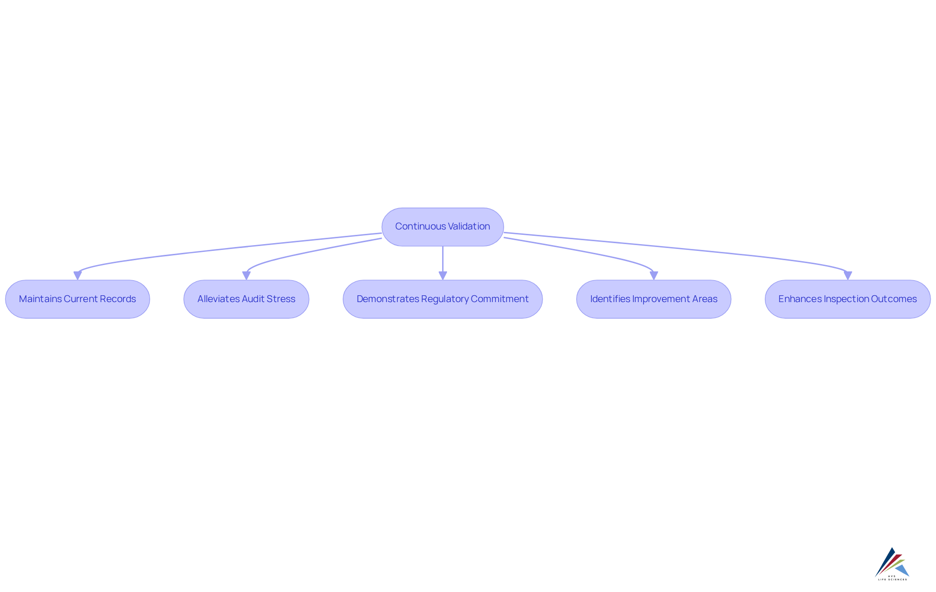 Follow the arrows from continuous validation to see how it supports audit readiness: each box represents a key benefit that contributes to a smoother inspection process.