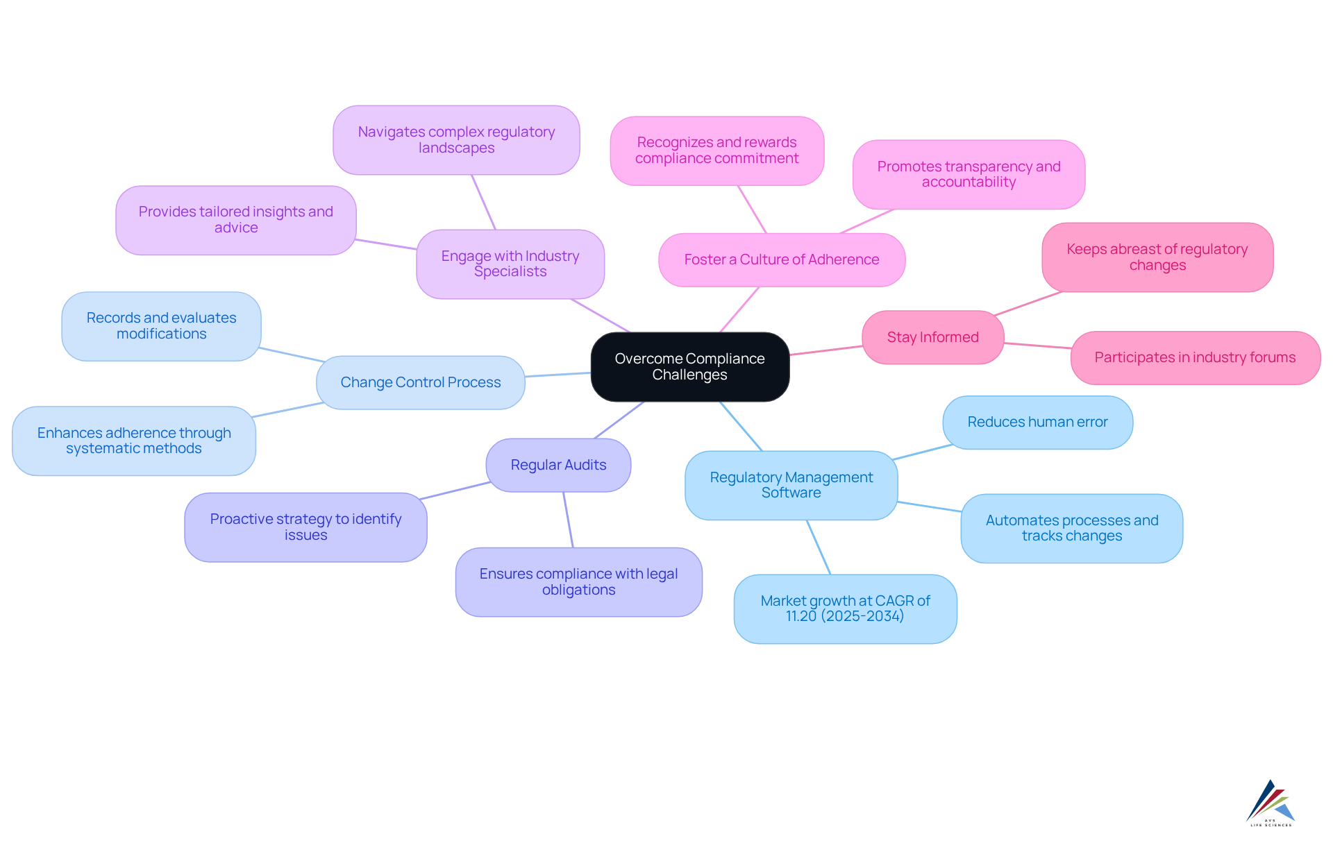 The center represents the main goal of overcoming compliance challenges, while each branch details a specific strategy. The colors help differentiate each strategy, making it easier to follow the relationships between them.